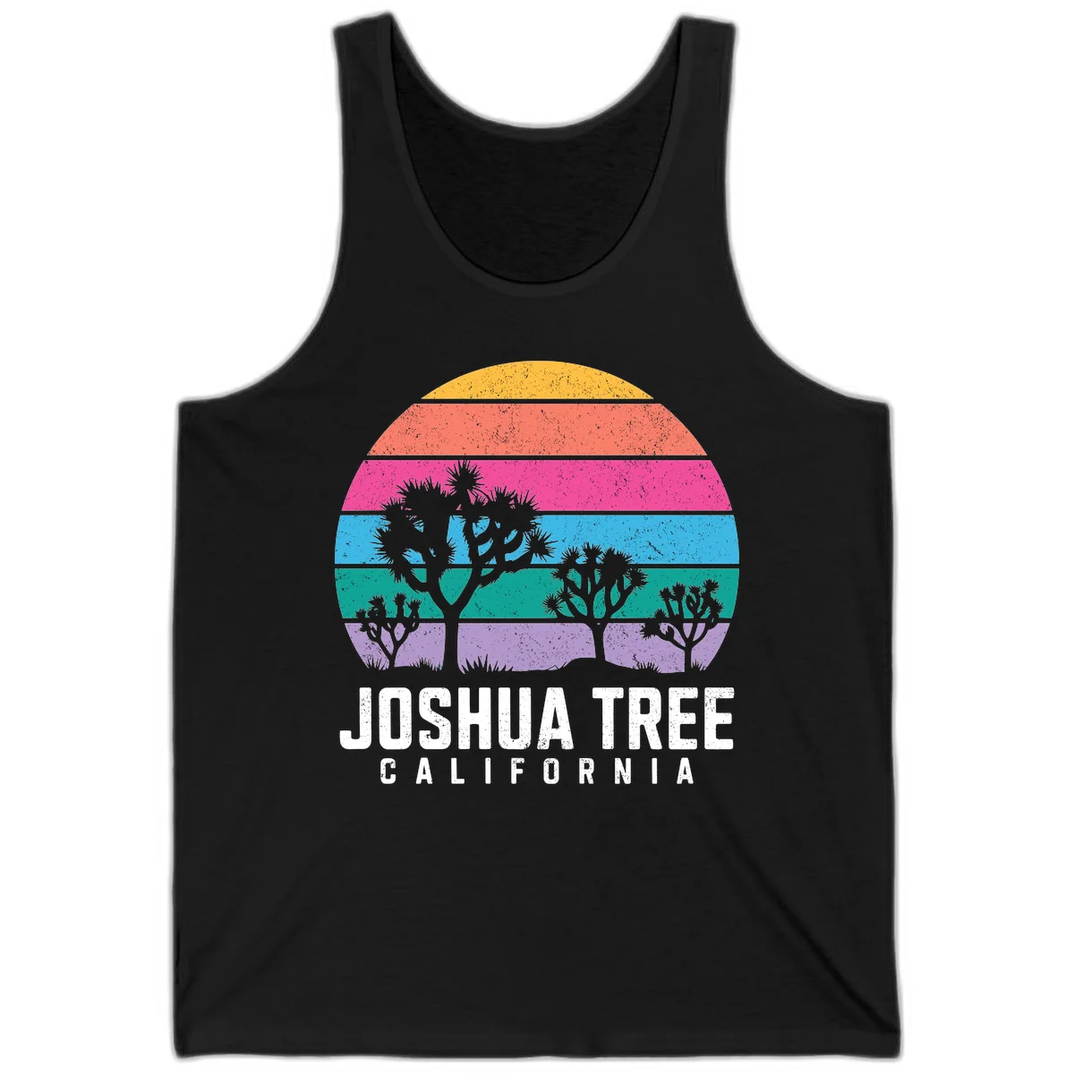 Joshua tree desert stripes design with silhouetted trees across rainbow horizontal color bands and distressed texture. in Black