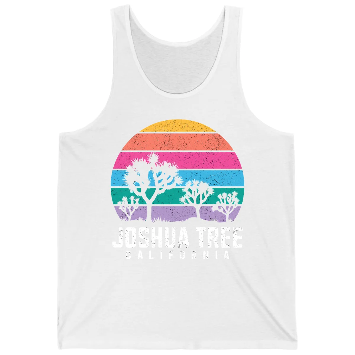 Joshua tree desert stripes design with silhouetted trees across rainbow horizontal color bands and distressed texture. in White
