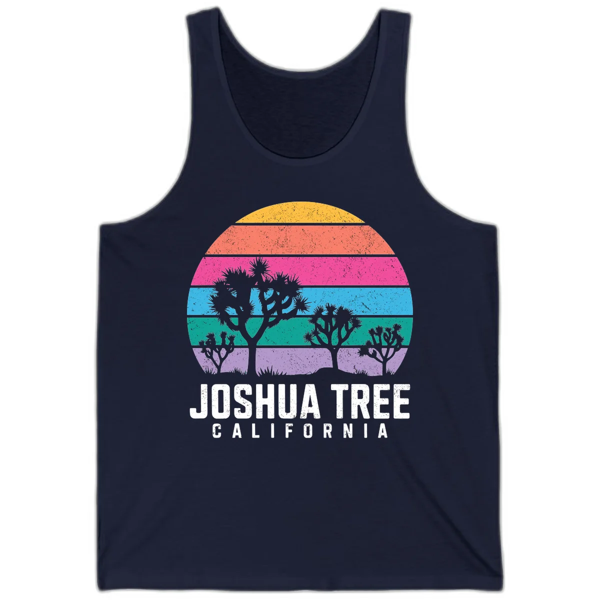 Joshua tree desert stripes design with silhouetted trees across rainbow horizontal color bands and distressed texture. in Navy