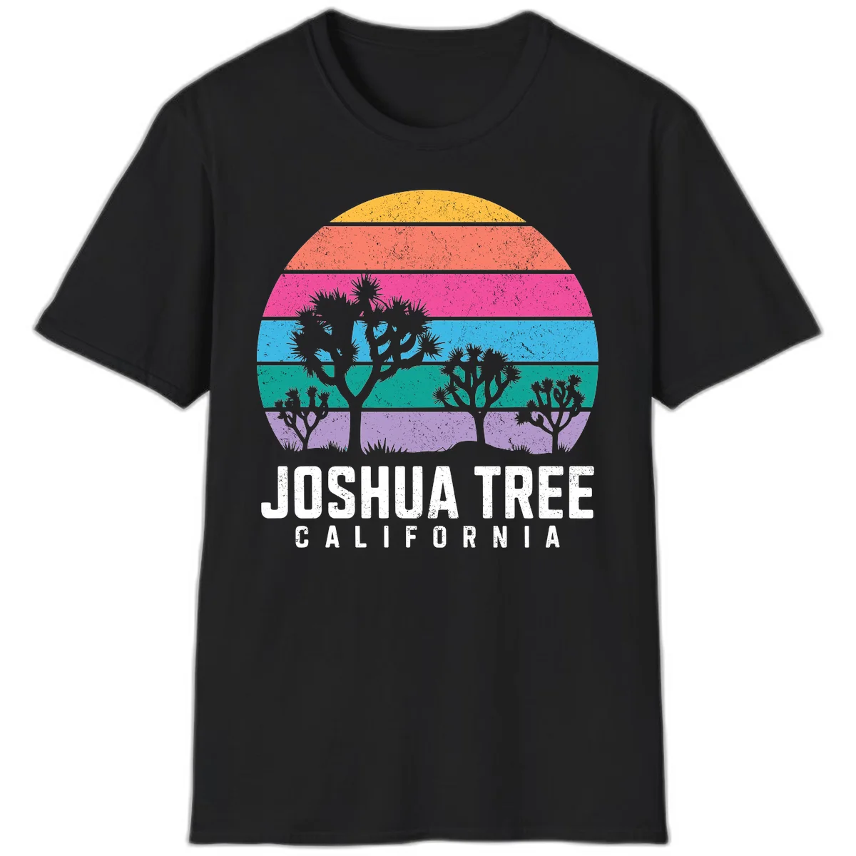 Joshua tree desert stripes design with silhouetted trees across rainbow horizontal color bands and distressed texture. in Black