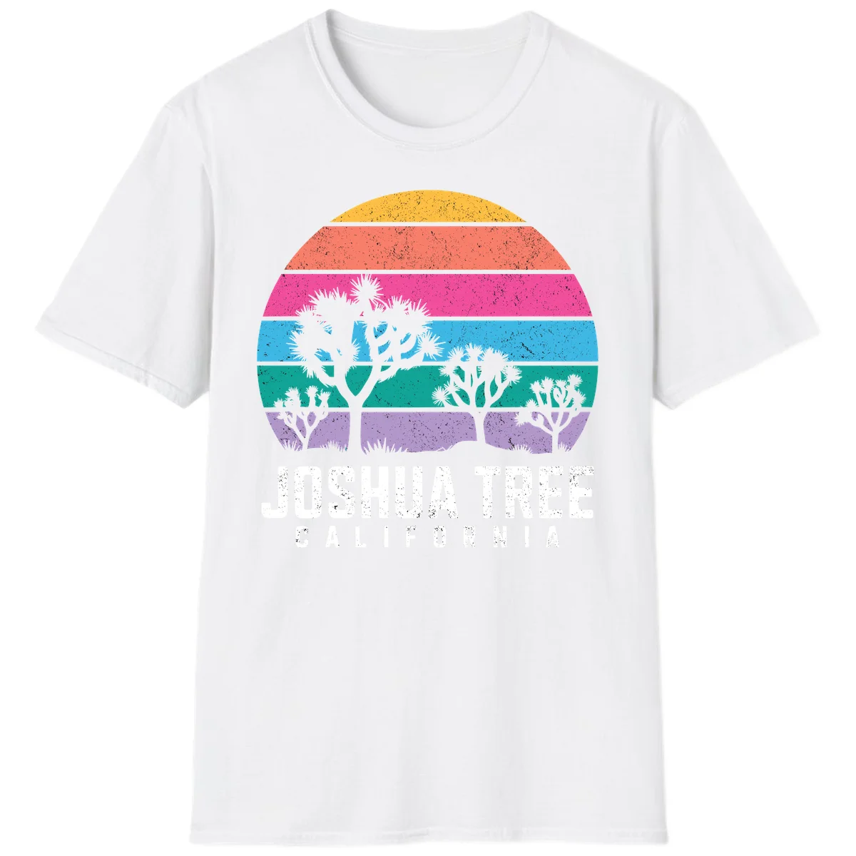 Joshua tree desert stripes design with silhouetted trees across rainbow horizontal color bands and distressed texture. in White