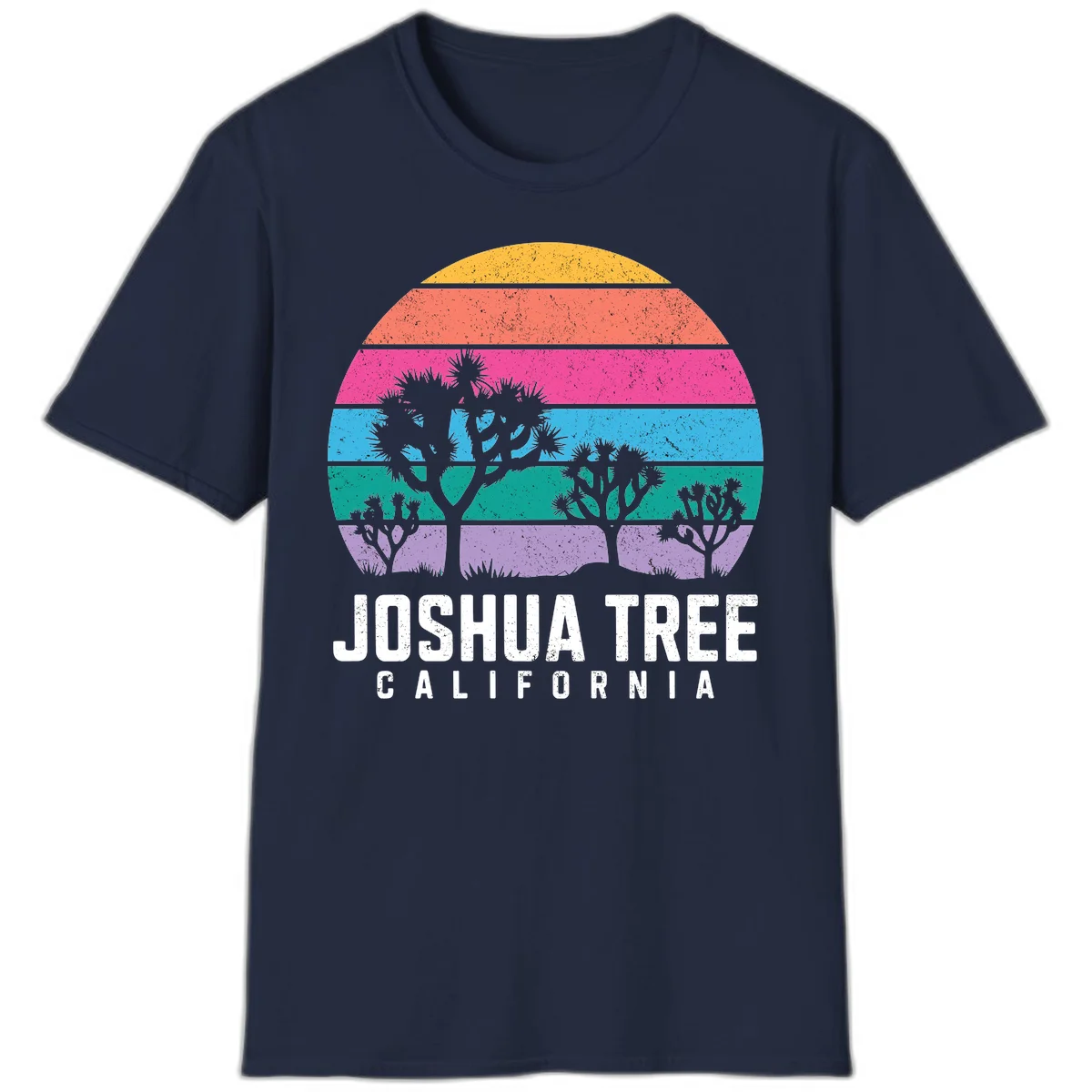 Joshua tree desert stripes design with silhouetted trees across rainbow horizontal color bands and distressed texture. in Navy