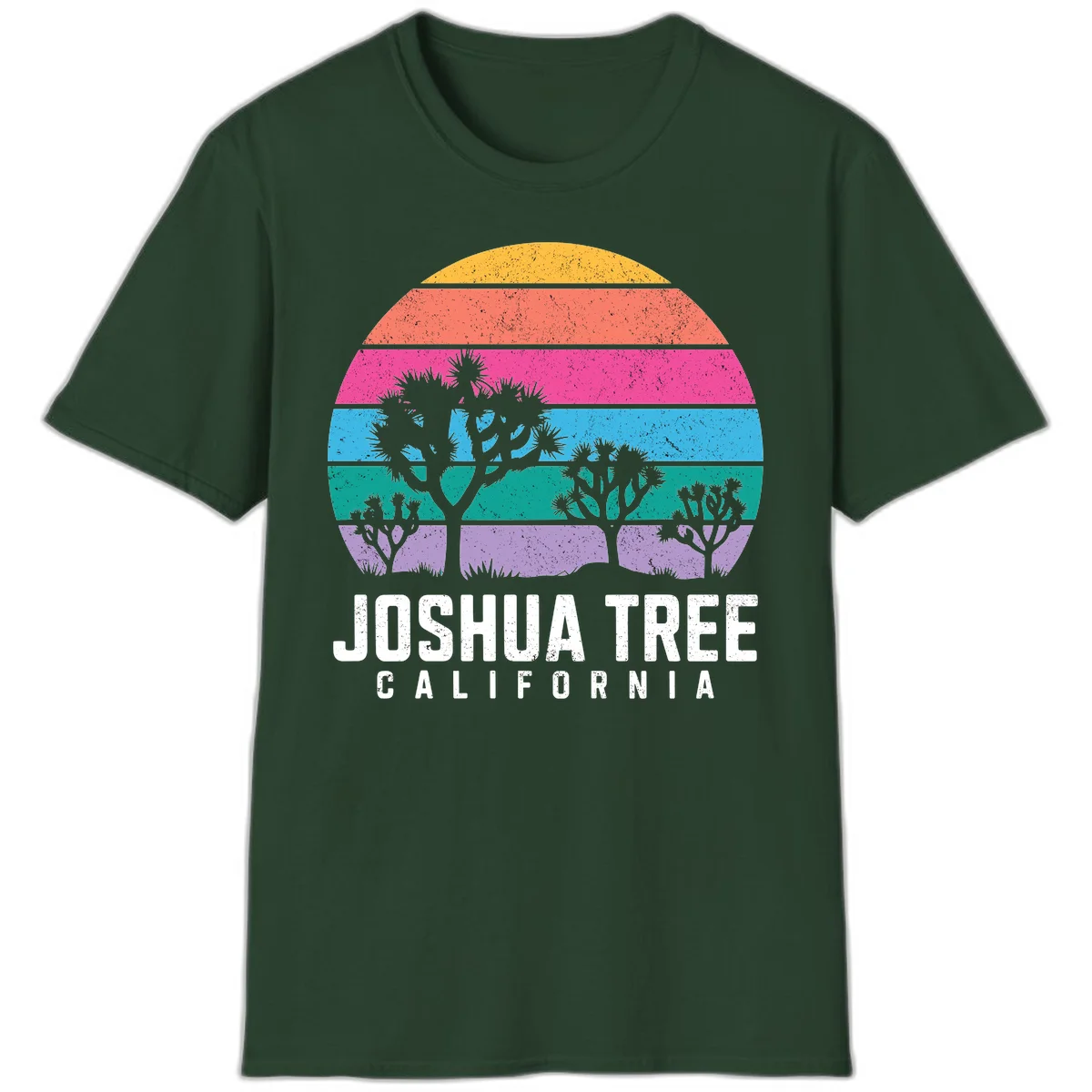 Joshua tree desert stripes design with silhouetted trees across rainbow horizontal color bands and distressed texture. in Forest Green