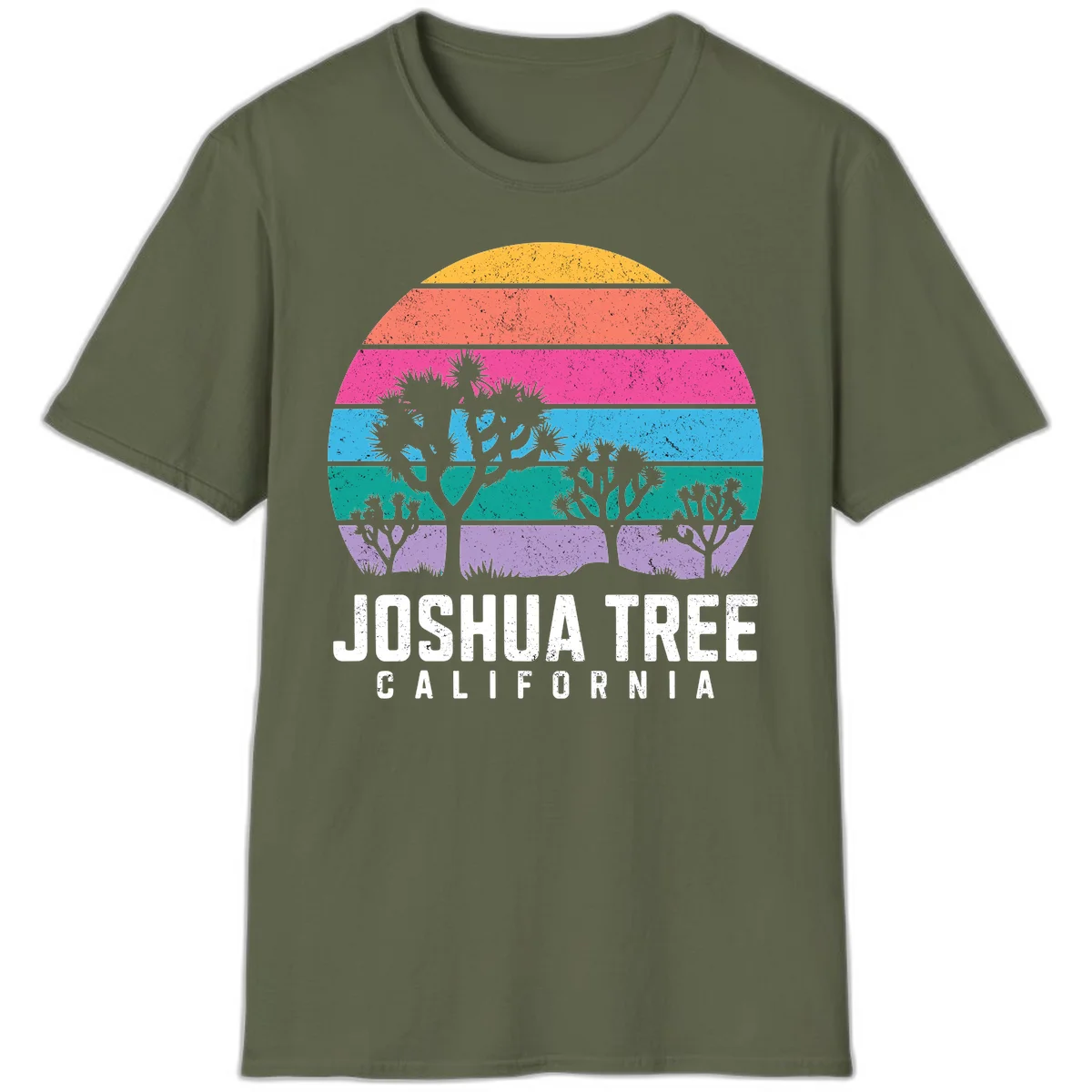 Joshua tree desert stripes design with silhouetted trees across rainbow horizontal color bands and distressed texture. in Military Green