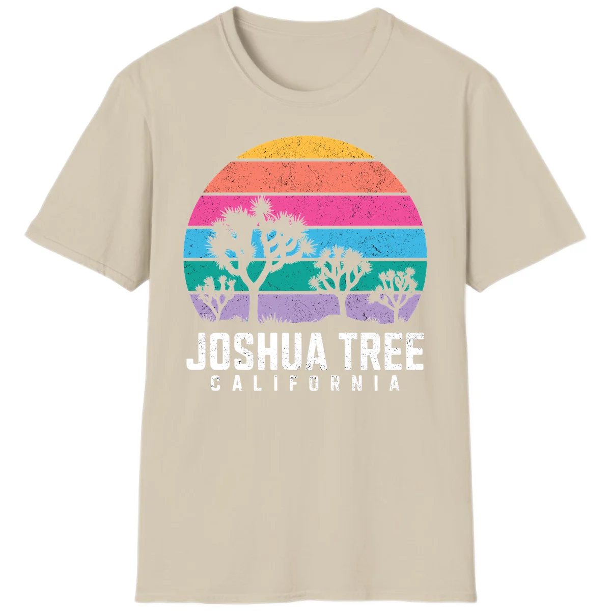 Joshua tree desert stripes design with silhouetted trees across rainbow horizontal color bands and distressed texture. in Sand