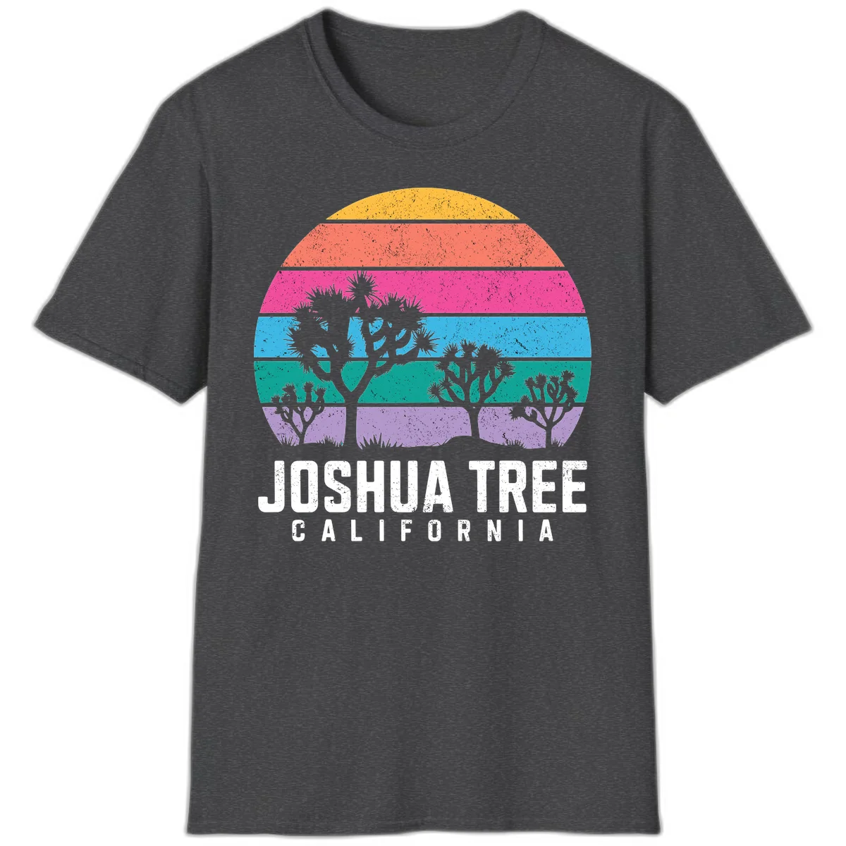 Joshua tree desert stripes design with silhouetted trees across rainbow horizontal color bands and distressed texture. in Dark Heather