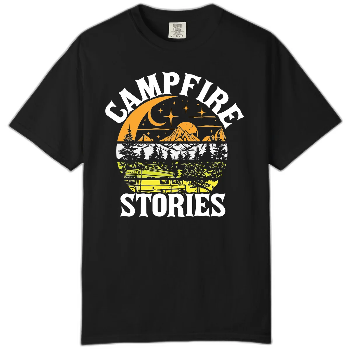 Campfire stories night design with layered mountains, forest, and starry sky with lantern and moon in Black