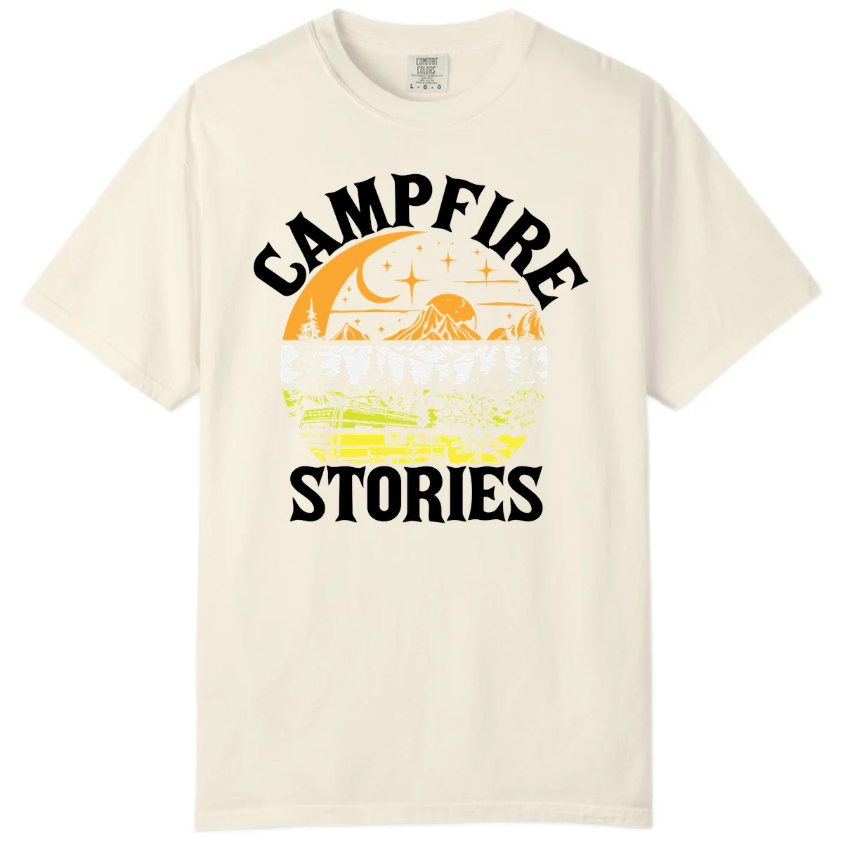 Campfire stories night design with layered mountains, forest, and starry sky with lantern and moon in Ivory