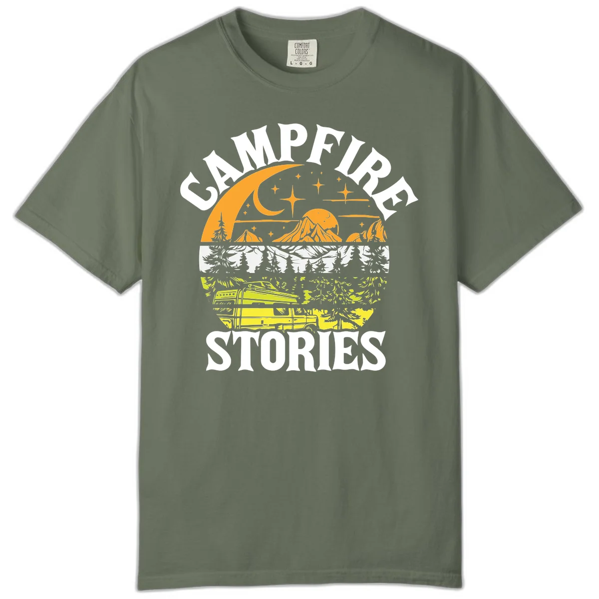 Campfire stories night design with layered mountains, forest, and starry sky with lantern and moon in Moss