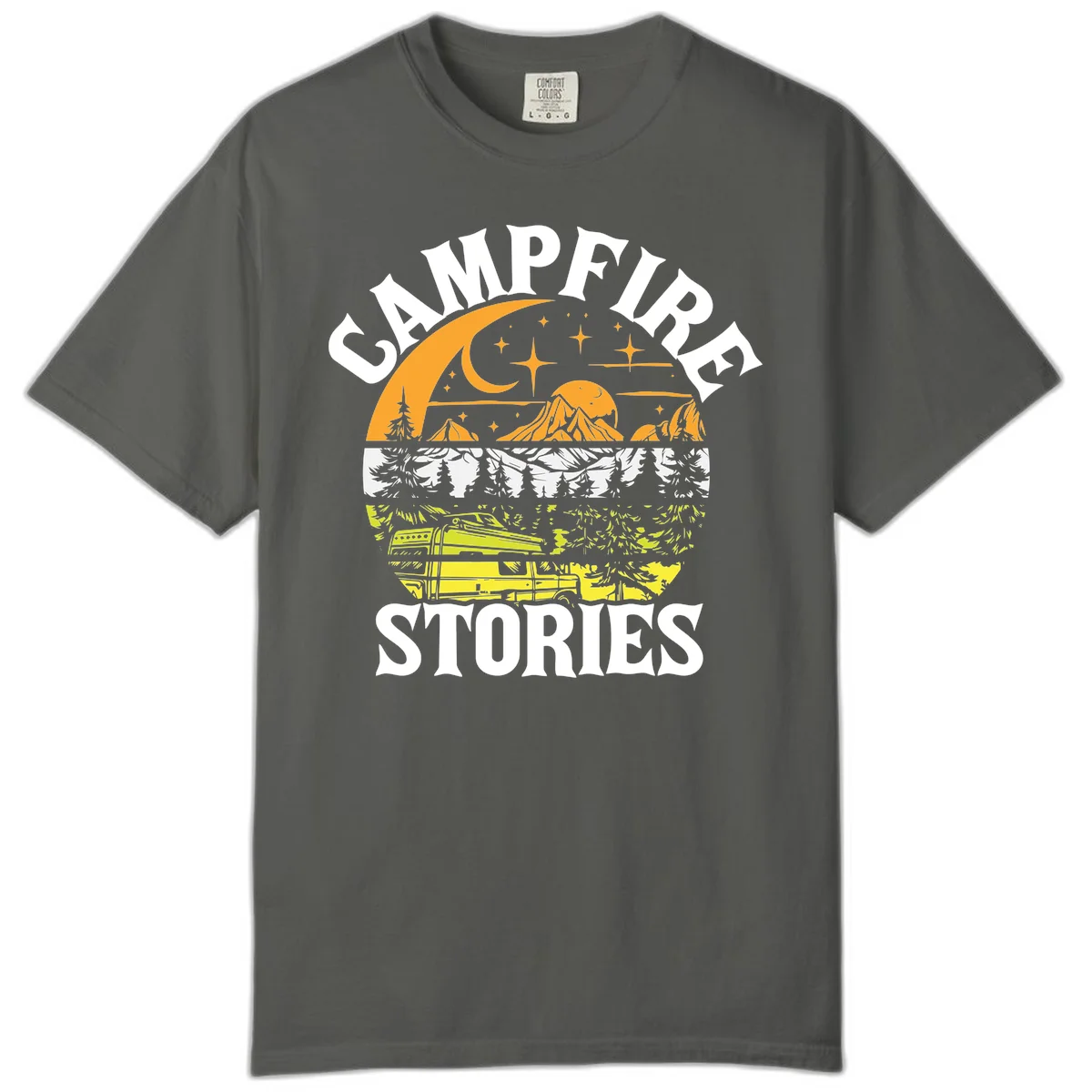 Campfire stories night design with layered mountains, forest, and starry sky with lantern and moon in Pepper