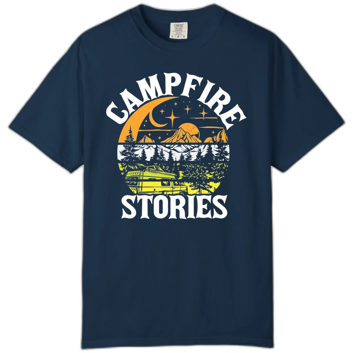 Campfire stories night design with layered mountains, forest, and starry sky with lantern and moon in True Navy