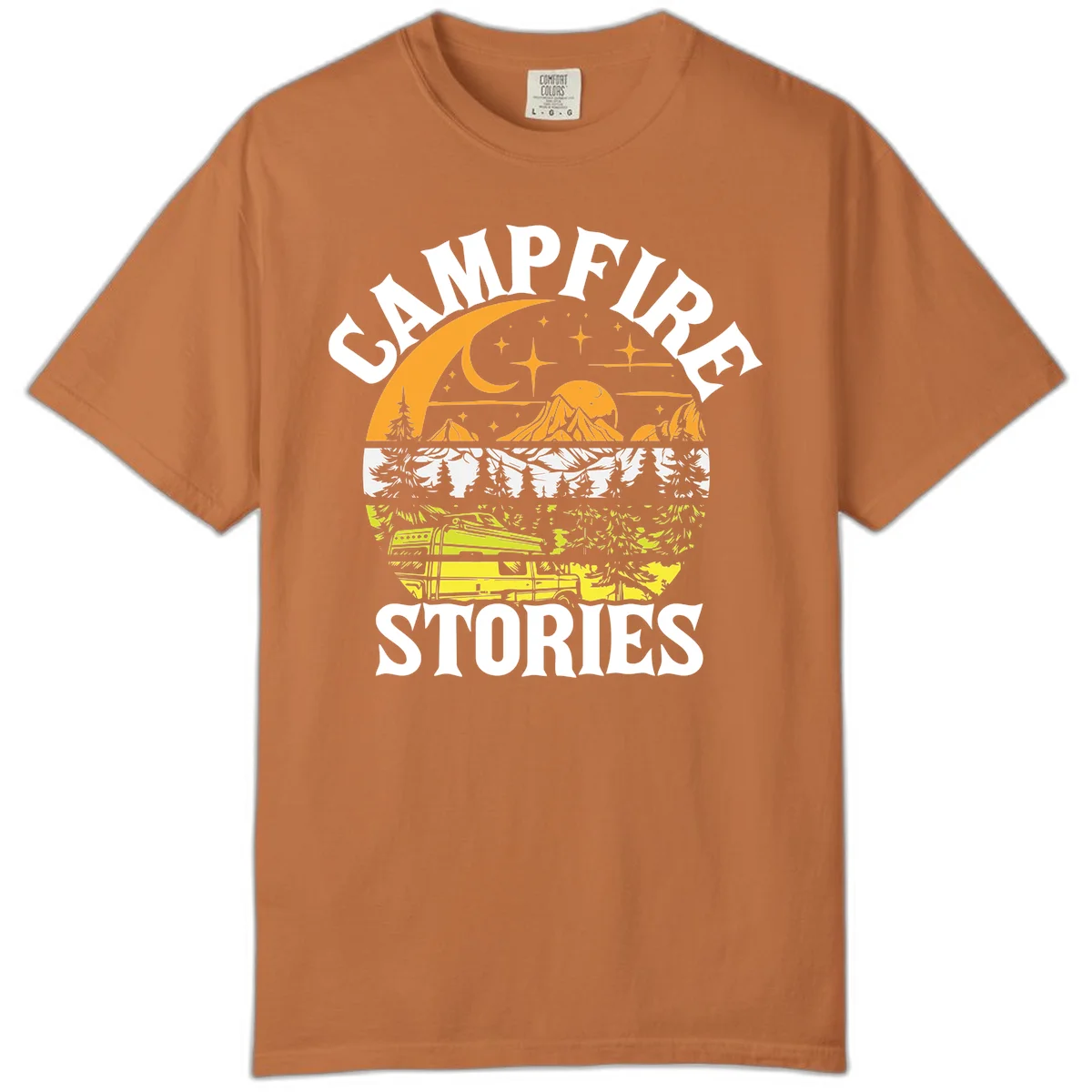 Campfire stories night design with layered mountains, forest, and starry sky with lantern and moon in Yam