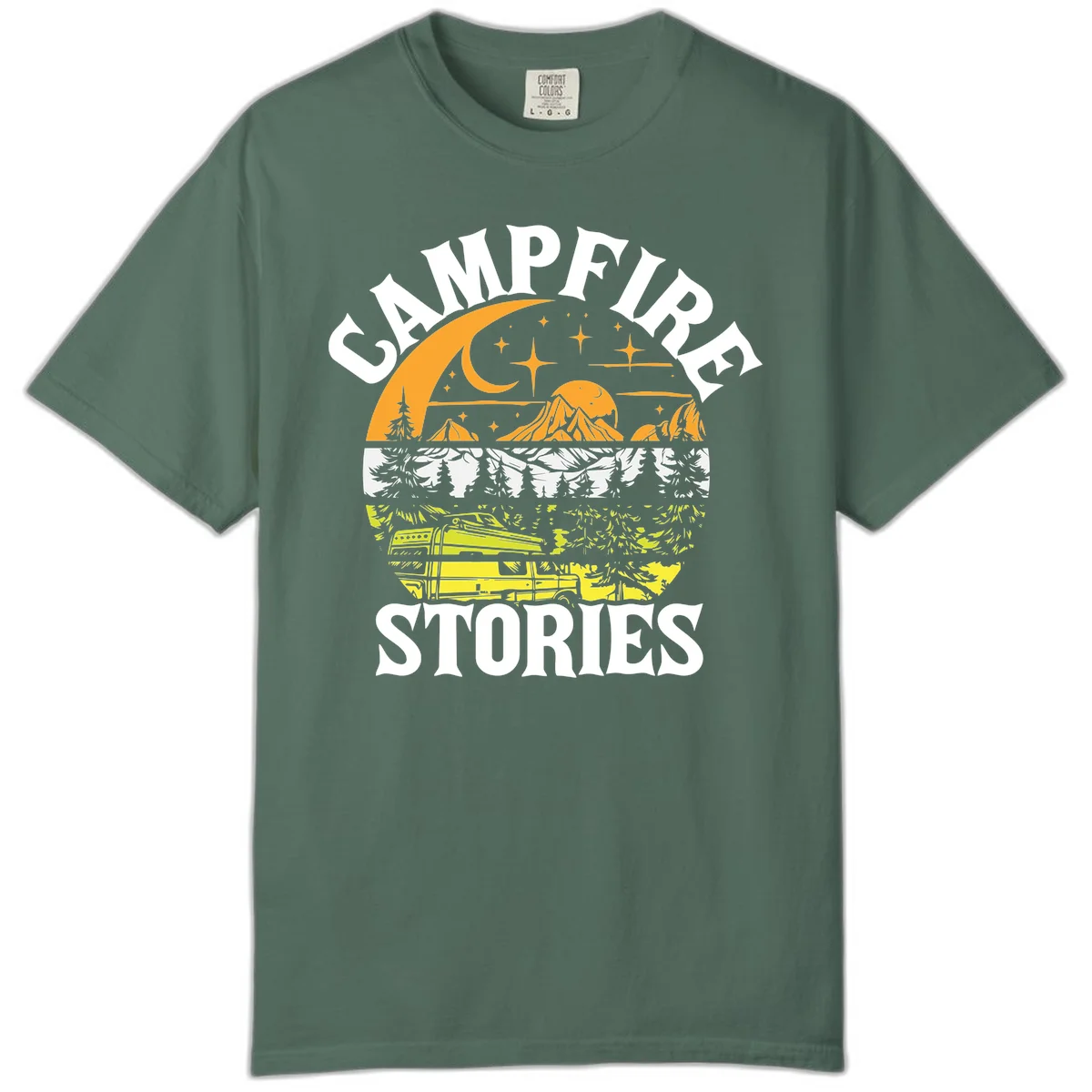 Campfire stories night design with layered mountains, forest, and starry sky with lantern and moon in Blue Spruce