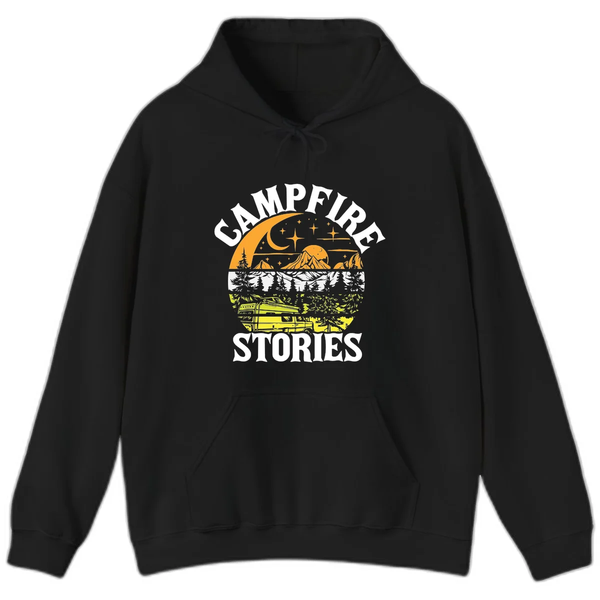 Campfire stories night design with layered mountains, forest, and starry sky with lantern and moon in Black