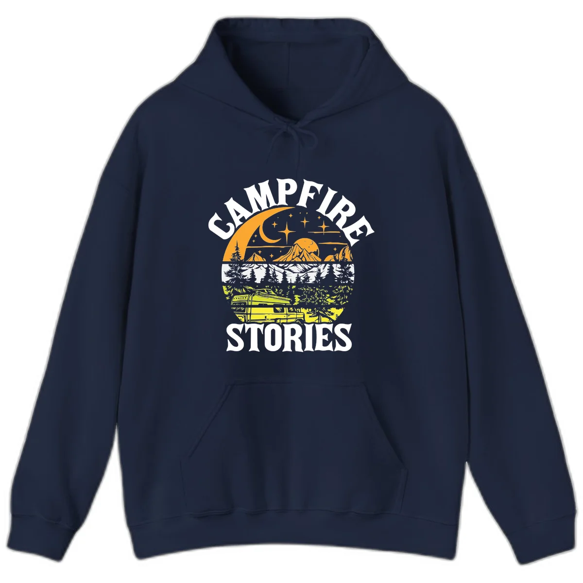 Campfire stories night design with layered mountains, forest, and starry sky with lantern and moon in Navy