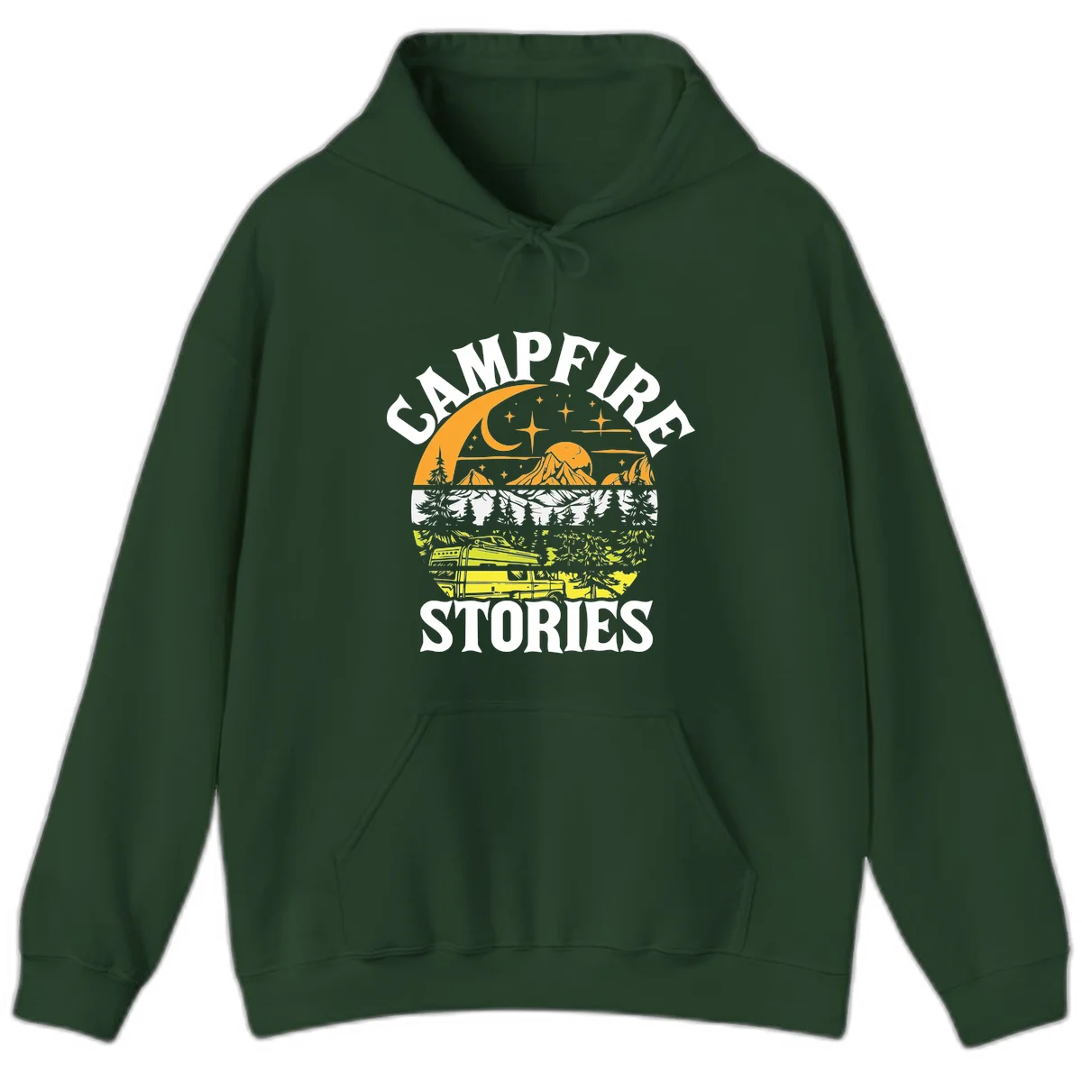 Campfire stories night design with layered mountains, forest, and starry sky with lantern and moon in Forest Green