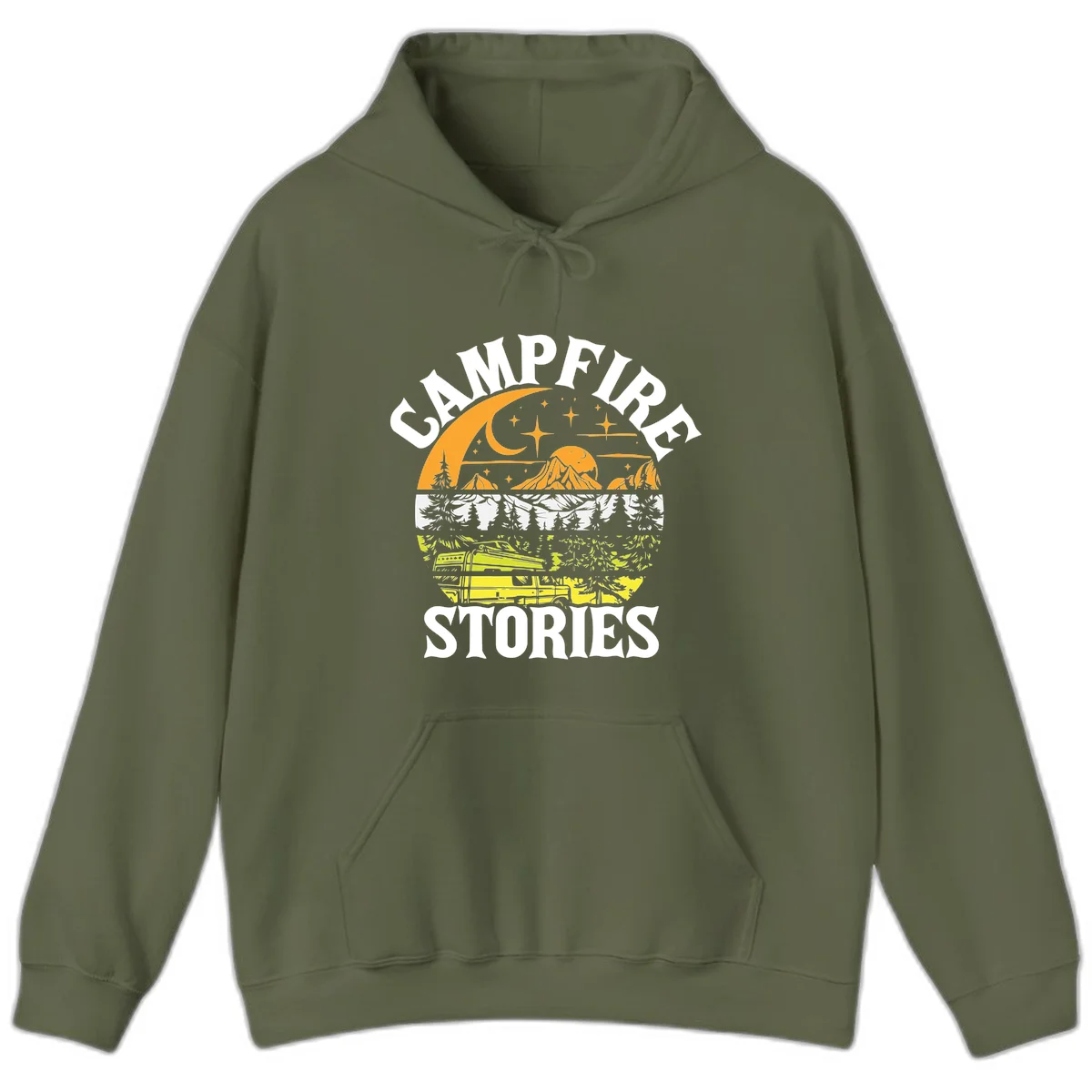 Campfire stories night design with layered mountains, forest, and starry sky with lantern and moon in Military Green