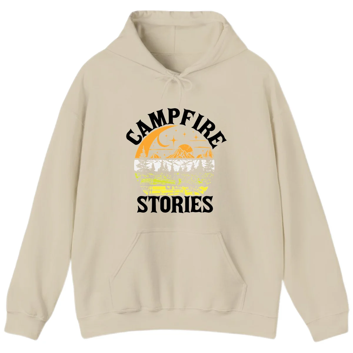Campfire stories night design with layered mountains, forest, and starry sky with lantern and moon in Sand