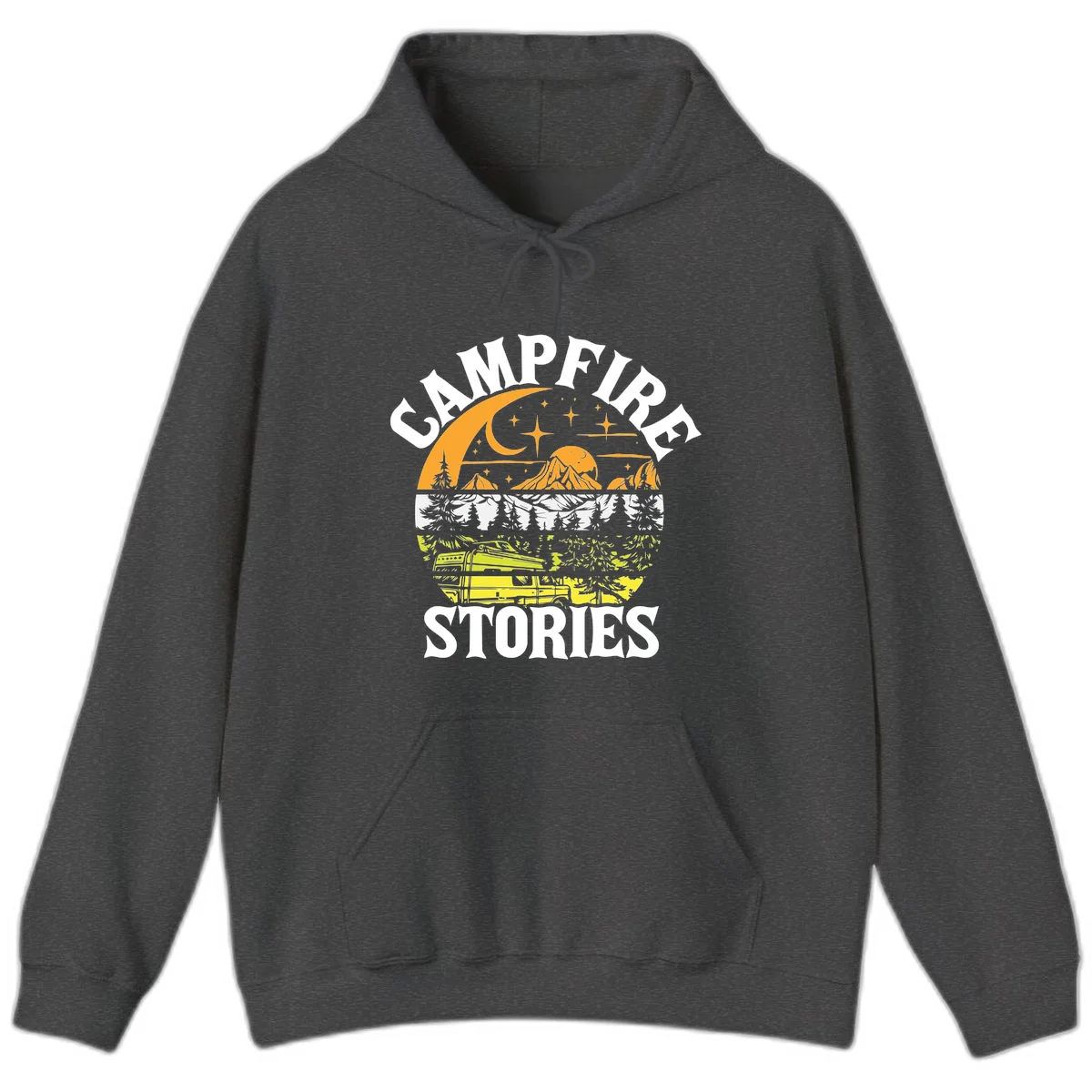 Campfire stories night design with layered mountains, forest, and starry sky with lantern and moon in Dark Heather
