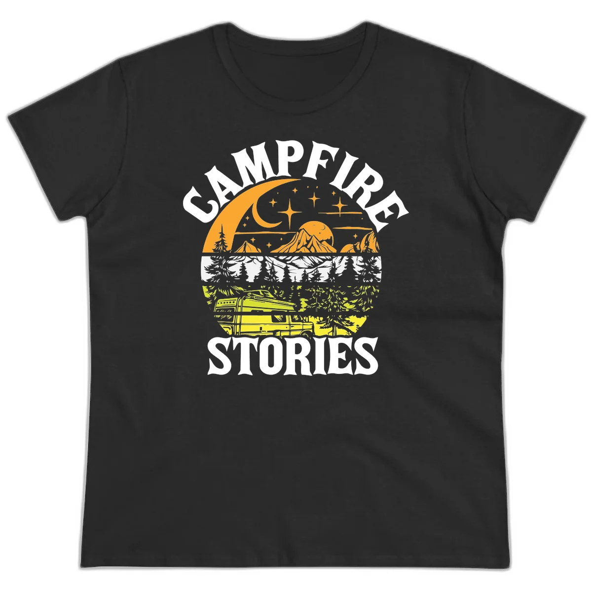 Campfire stories night design with layered mountains, forest, and starry sky with lantern and moon in Black