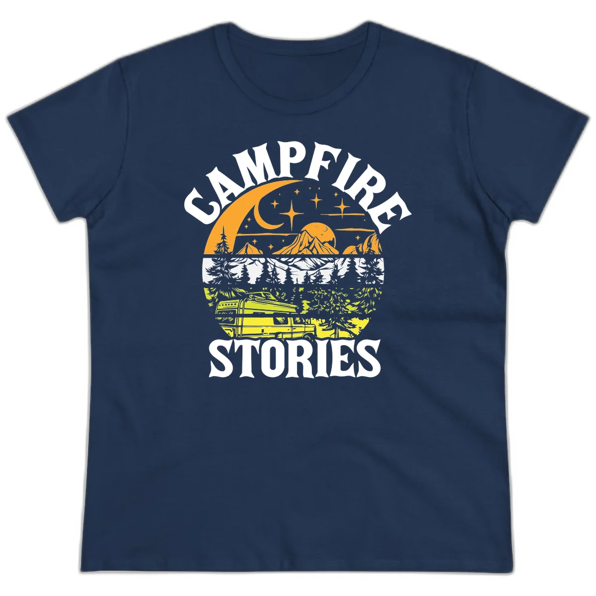 Campfire stories night design with layered mountains, forest, and starry sky with lantern and moon in Navy