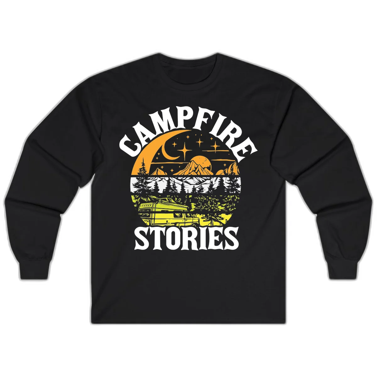 Campfire stories night design with layered mountains, forest, and starry sky with lantern and moon in Black