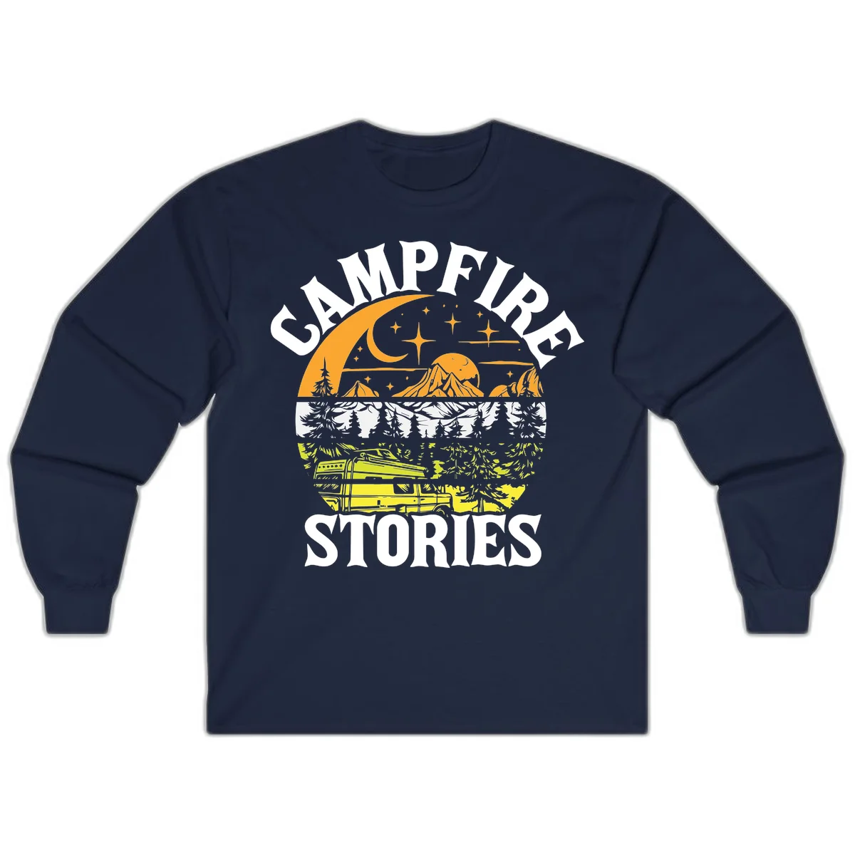 Campfire stories night design with layered mountains, forest, and starry sky with lantern and moon in Navy