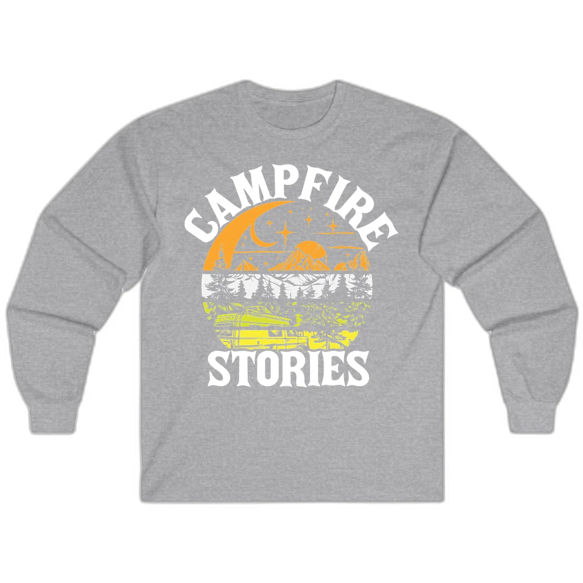 Campfire stories night design with layered mountains, forest, and starry sky with lantern and moon in Sport Grey