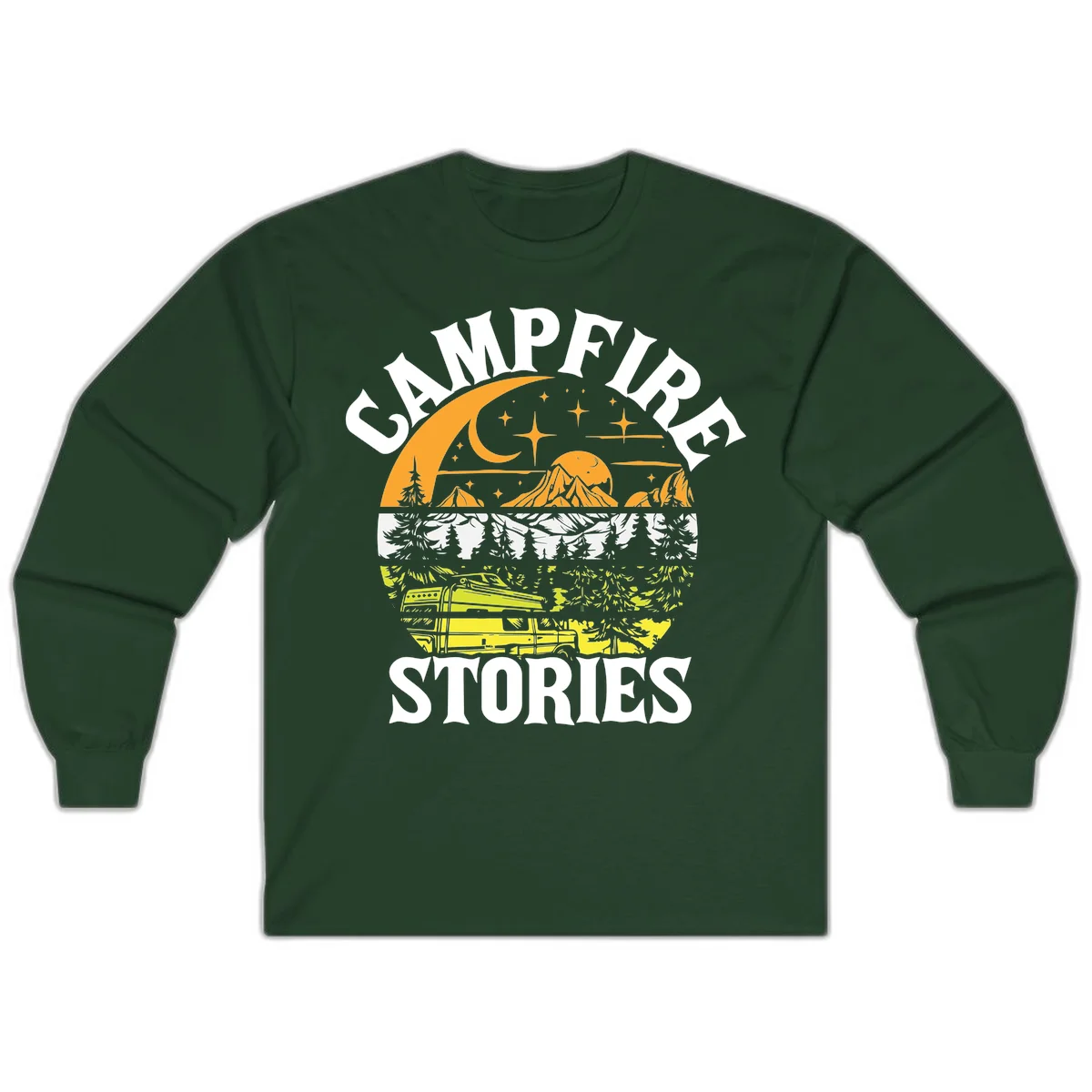 Campfire stories night design with layered mountains, forest, and starry sky with lantern and moon in Forest Green