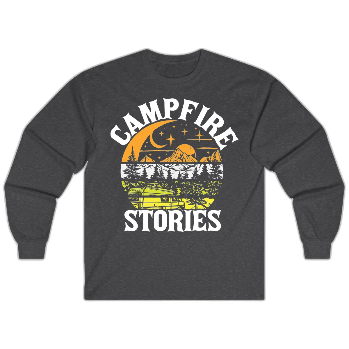 Campfire stories night design with layered mountains, forest, and starry sky with lantern and moon in Dark Heather