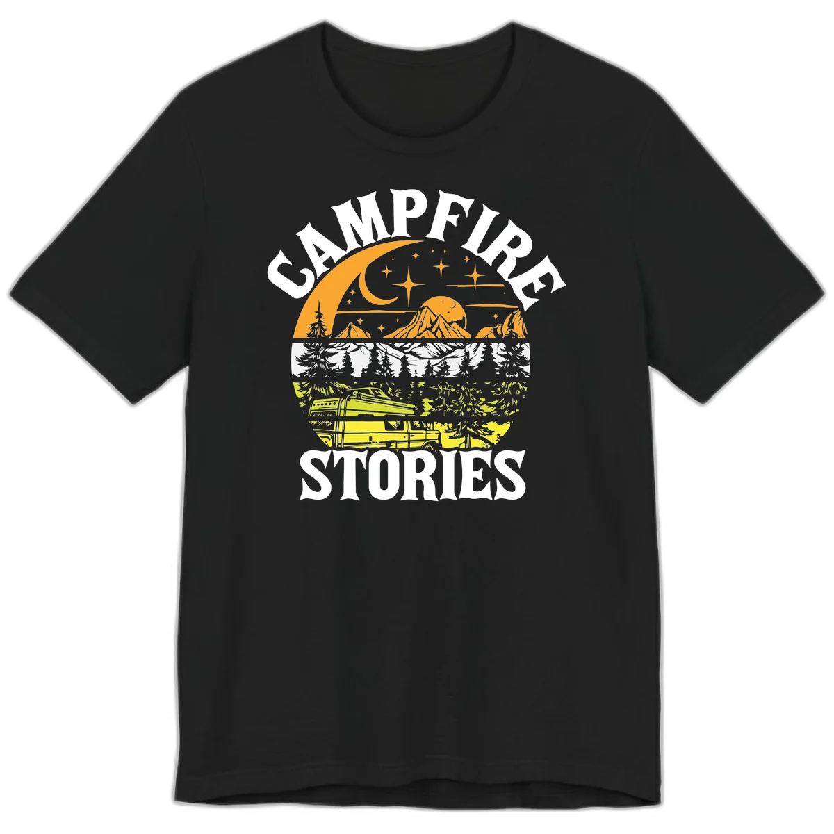 Campfire stories night design with layered mountains, forest, and starry sky with lantern and moon in Black