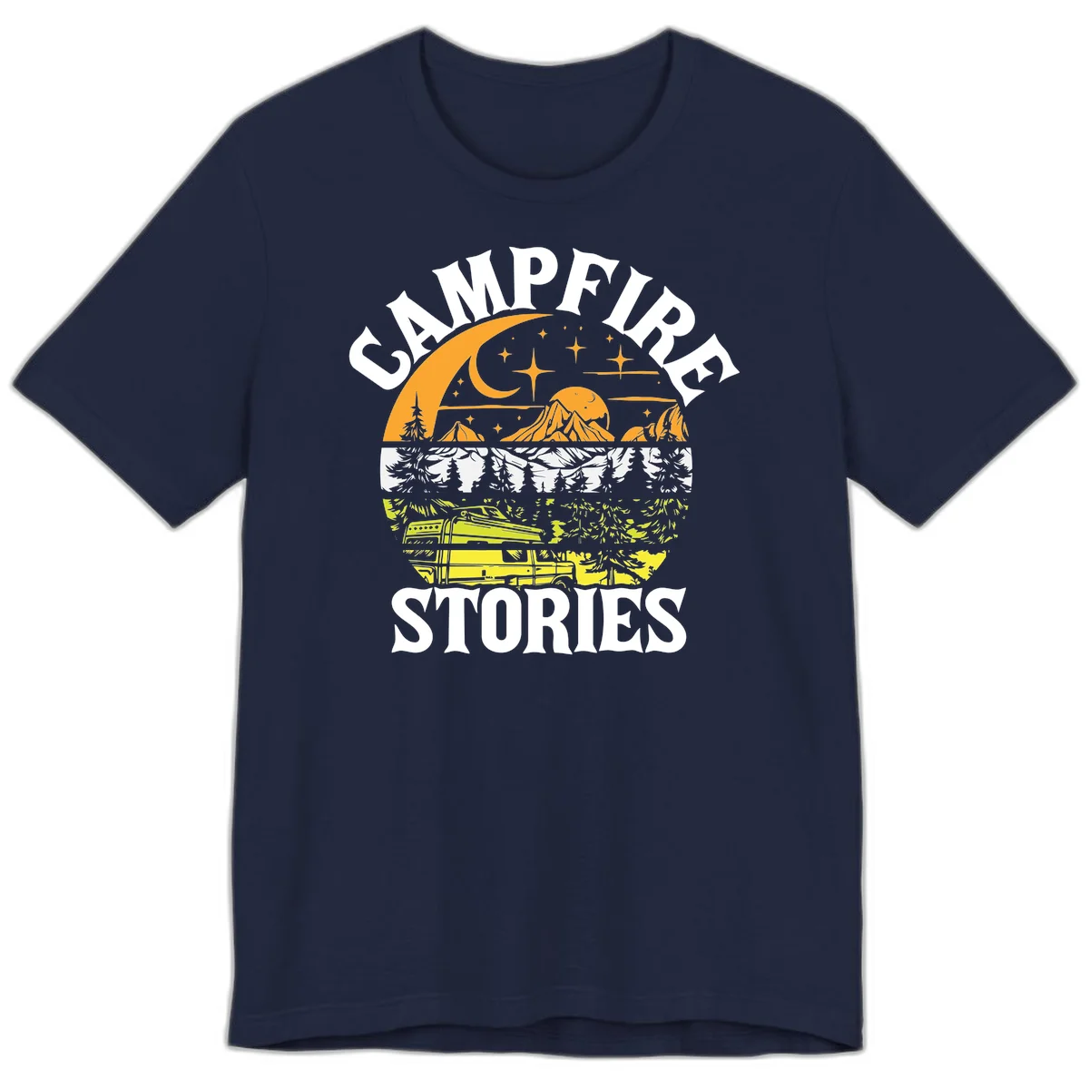 Campfire stories night design with layered mountains, forest, and starry sky with lantern and moon in Navy