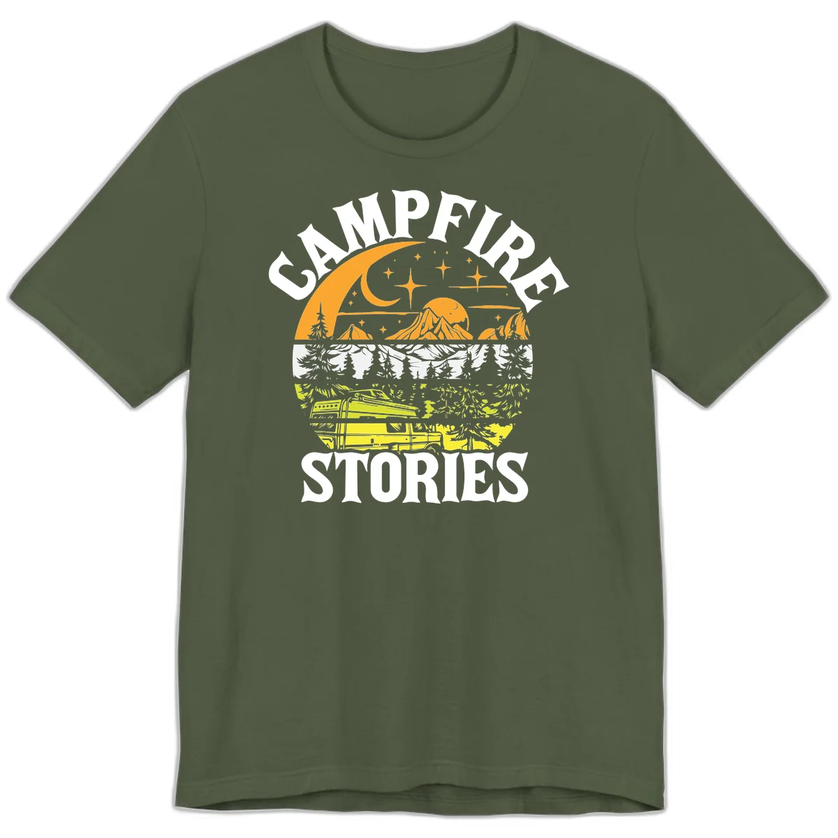 Campfire stories night design with layered mountains, forest, and starry sky with lantern and moon in Military Green