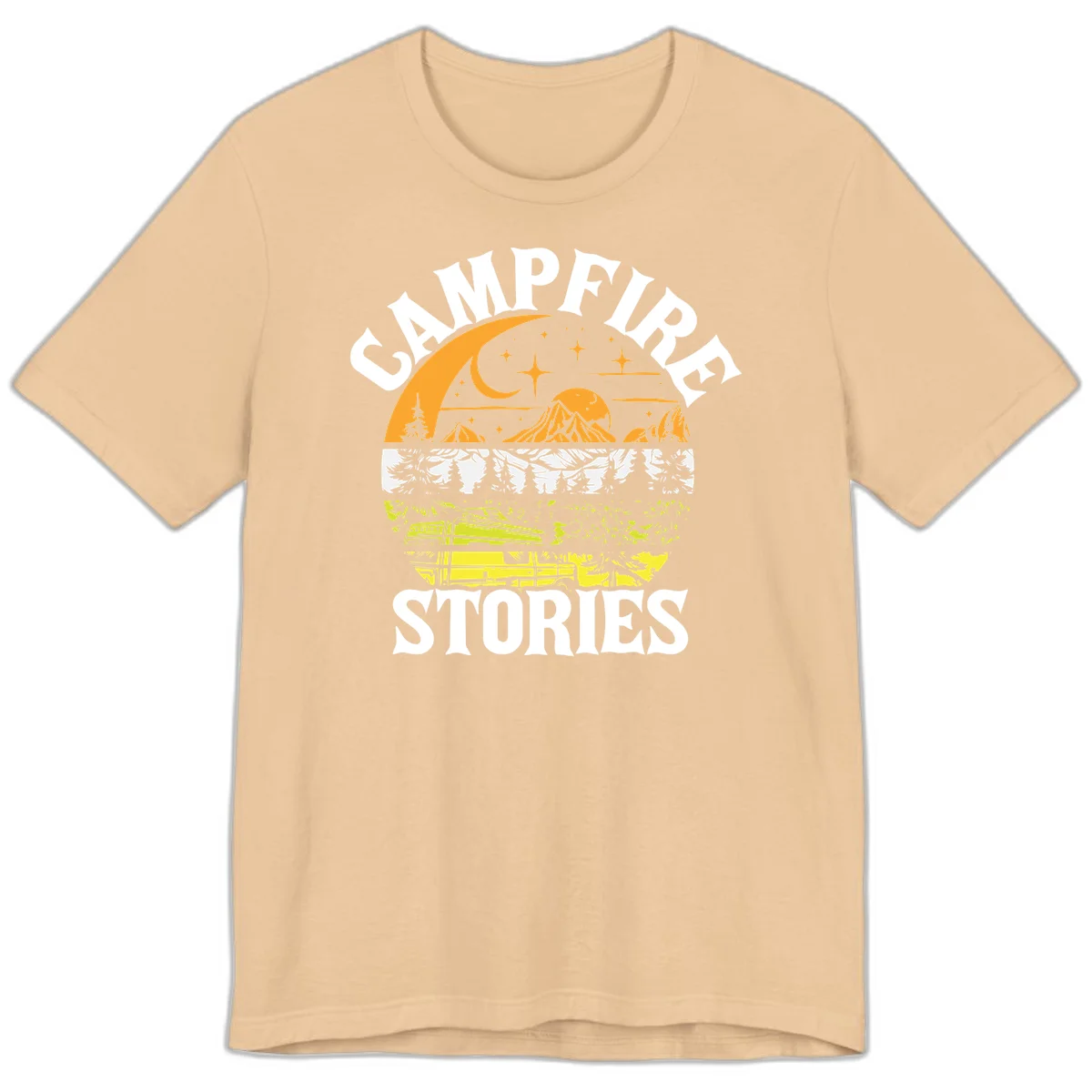 Campfire stories night design with layered mountains, forest, and starry sky with lantern and moon in Sand Dune