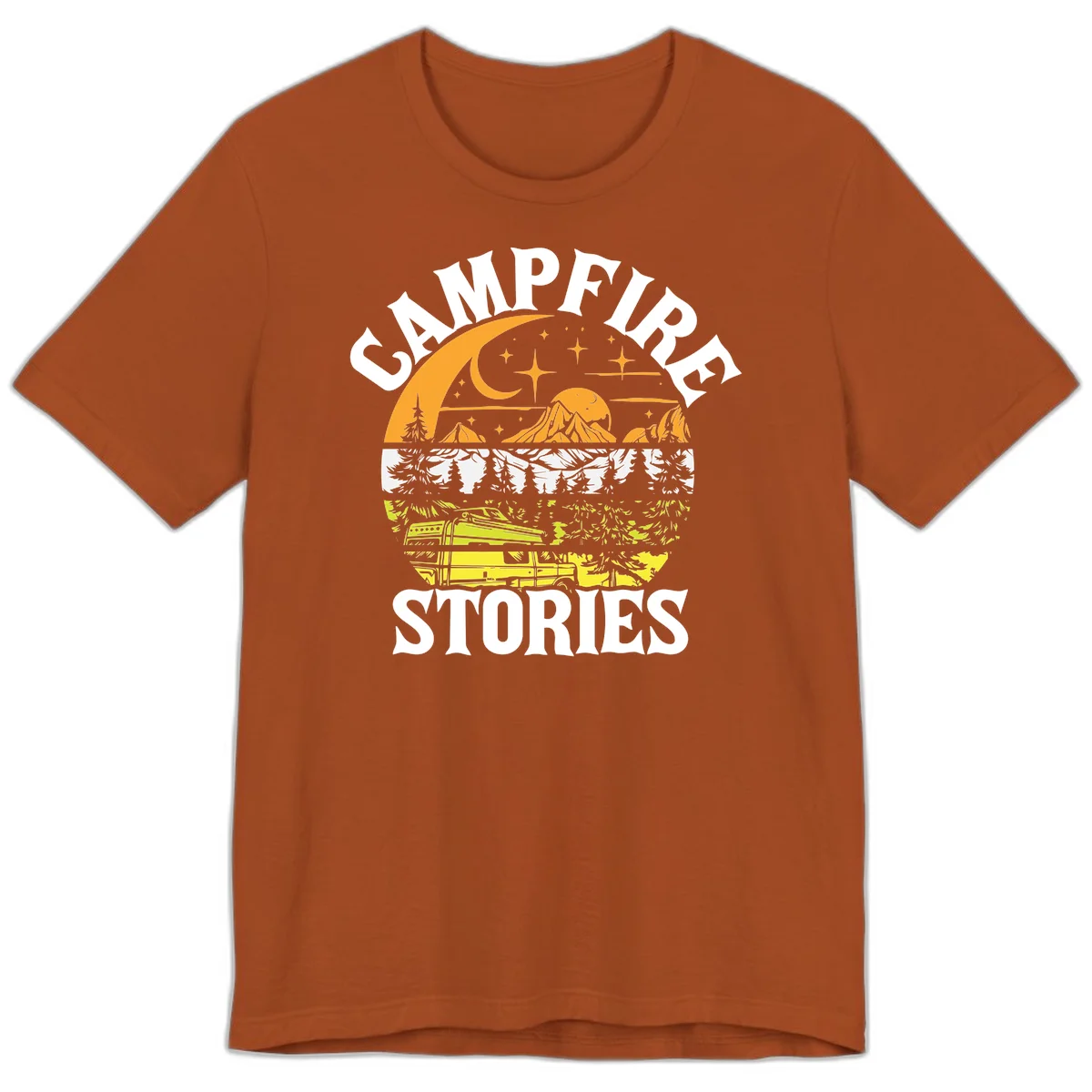Campfire stories night design with layered mountains, forest, and starry sky with lantern and moon in Autumn