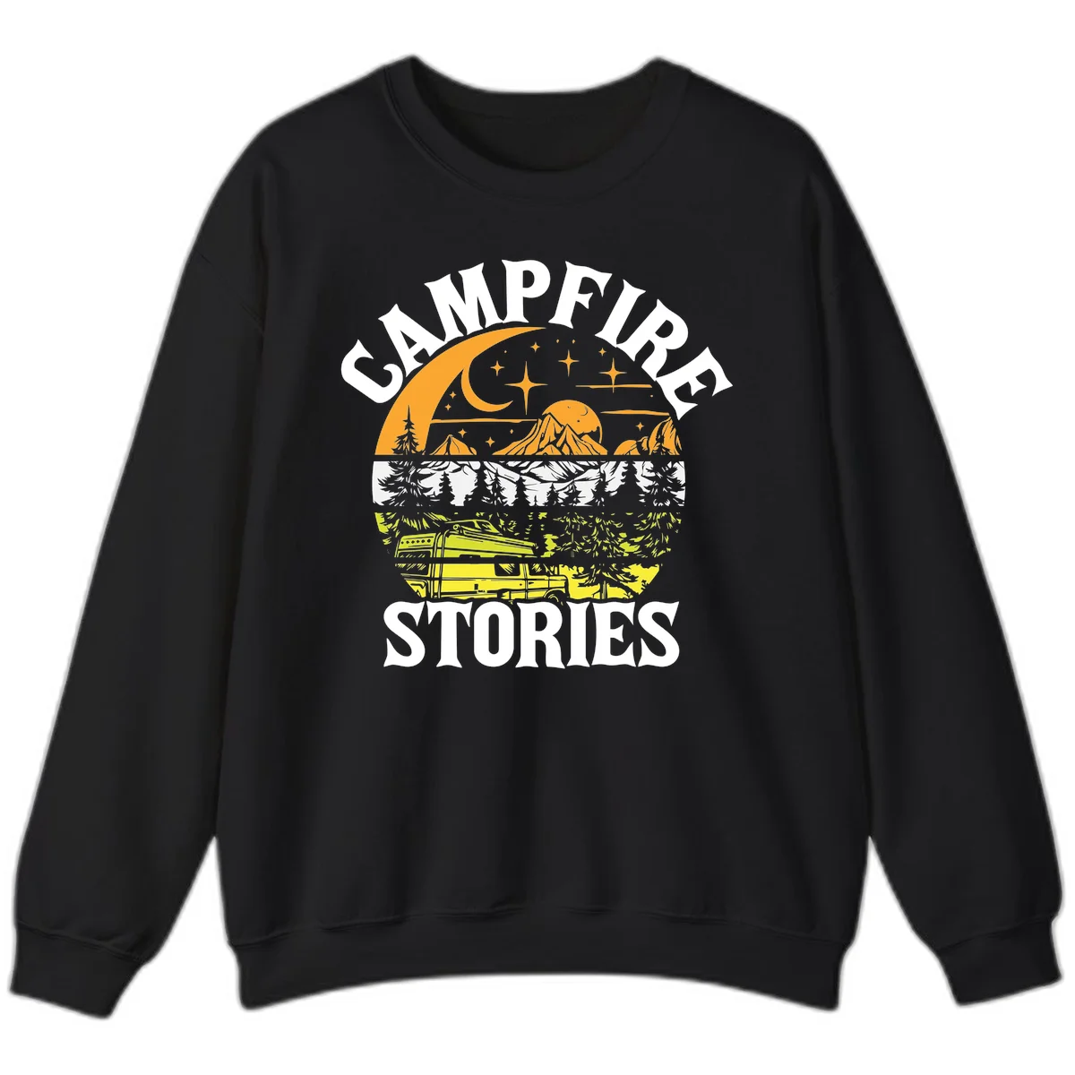 Campfire stories night design with layered mountains, forest, and starry sky with lantern and moon in Black