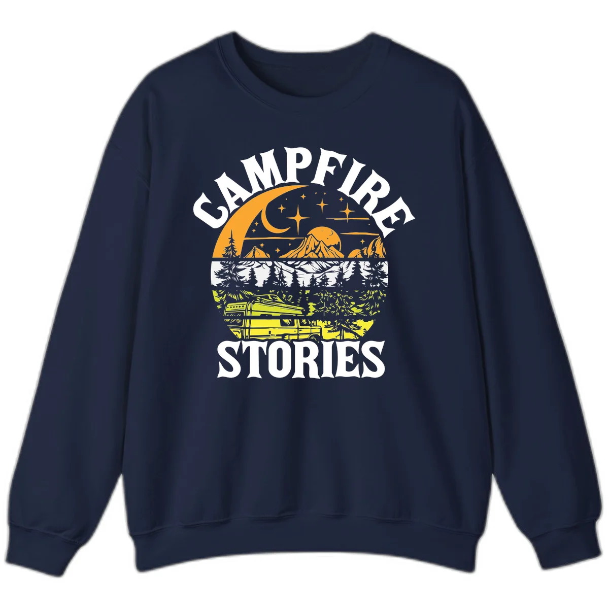 Campfire stories night design with layered mountains, forest, and starry sky with lantern and moon in Navy