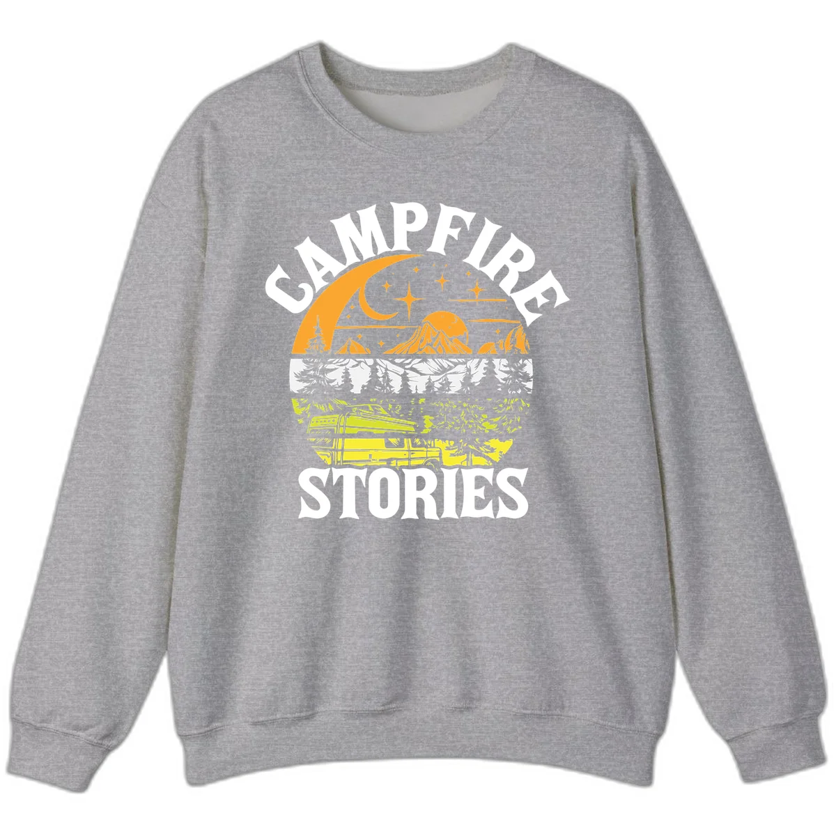 Campfire stories night design with layered mountains, forest, and starry sky with lantern and moon in Sport Grey
