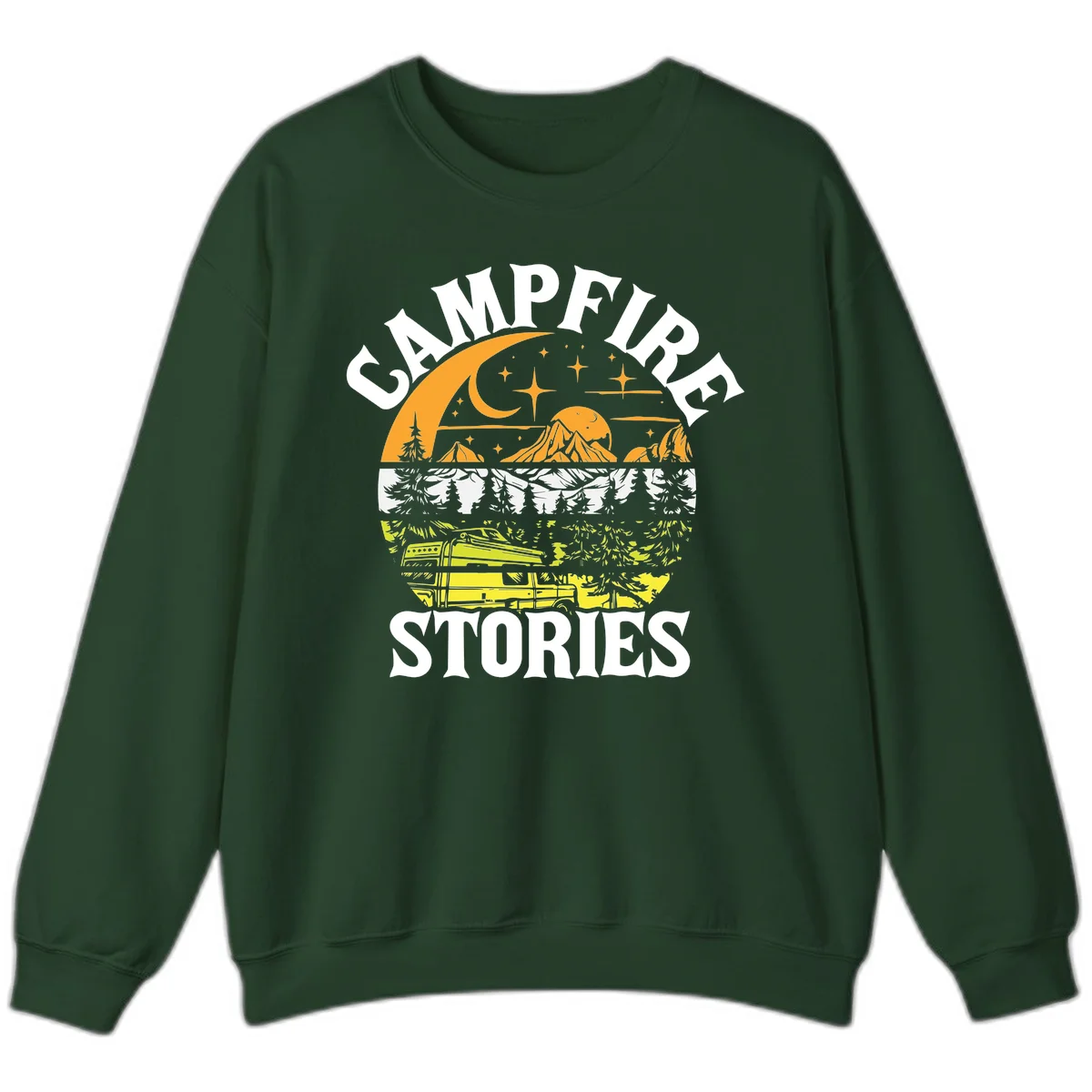 Campfire stories night design with layered mountains, forest, and starry sky with lantern and moon in Forest Green