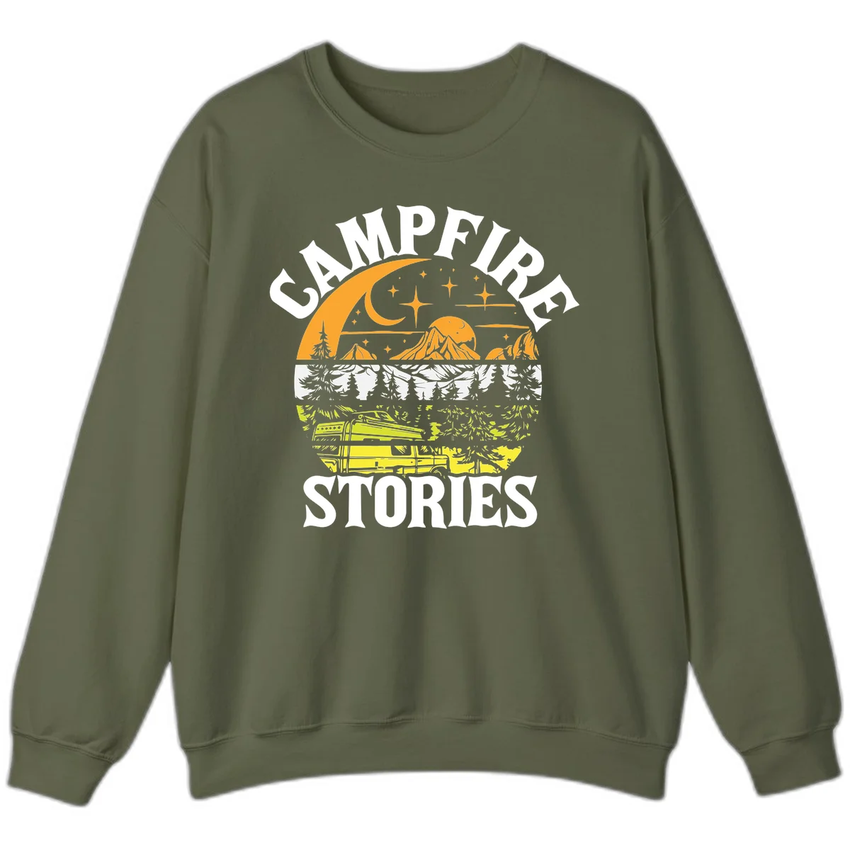 Campfire stories night design with layered mountains, forest, and starry sky with lantern and moon in Military Green