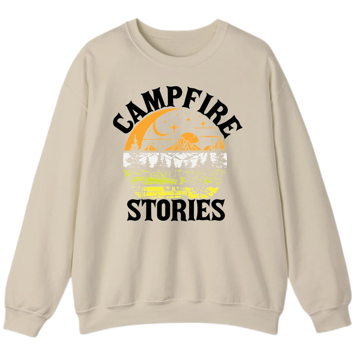 Campfire stories night design with layered mountains, forest, and starry sky with lantern and moon in Sand