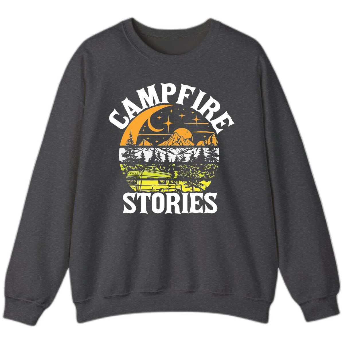 Campfire stories night design with layered mountains, forest, and starry sky with lantern and moon in Dark Heather