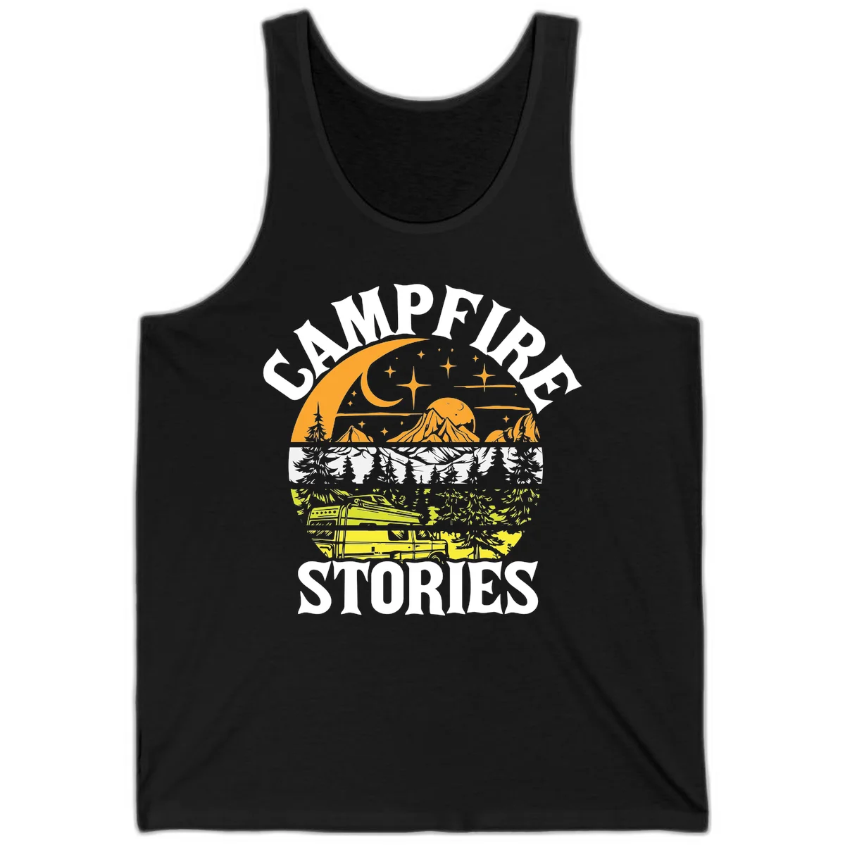 Campfire stories night design with layered mountains, forest, and starry sky with lantern and moon in Black