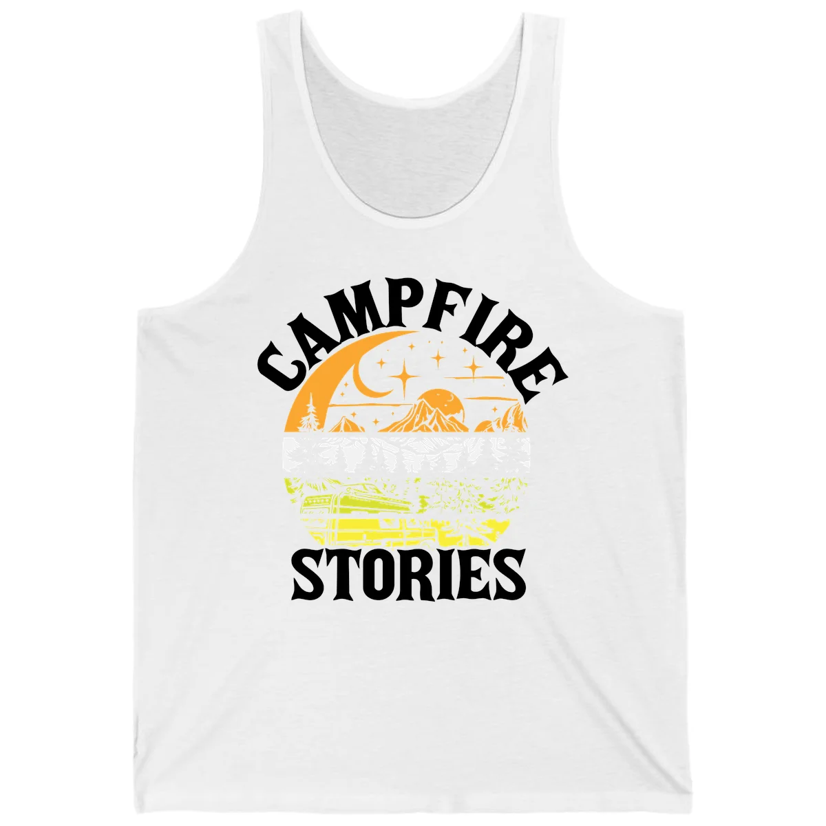 Campfire stories night design with layered mountains, forest, and starry sky with lantern and moon in White