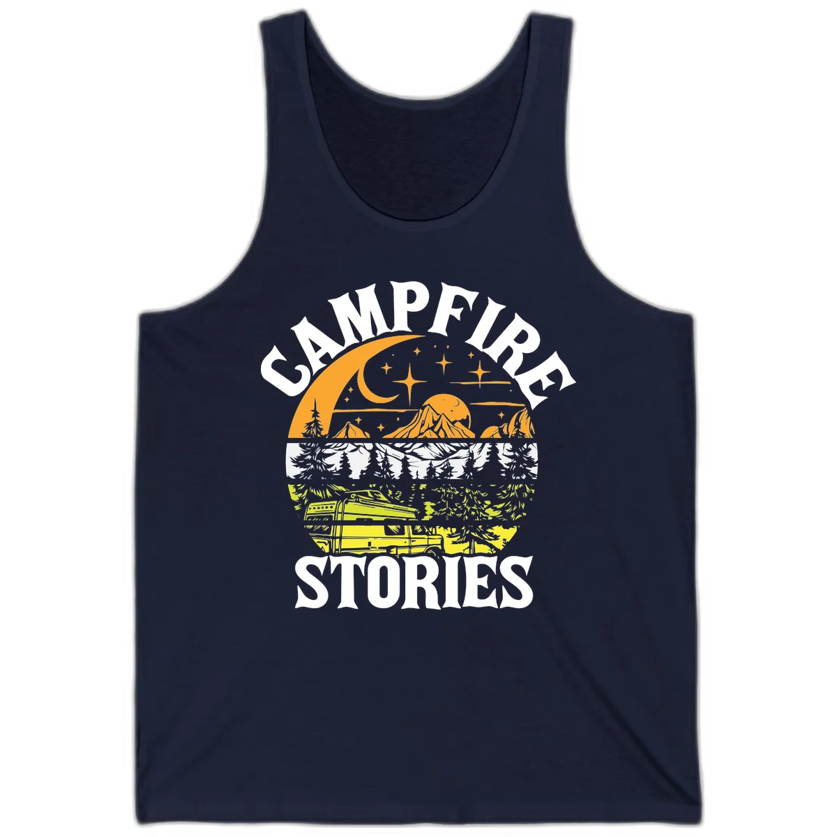 Campfire stories night design with layered mountains, forest, and starry sky with lantern and moon in Navy