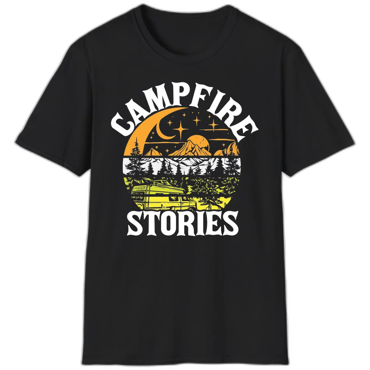 Campfire stories night design with layered mountains, forest, and starry sky with lantern and moon in Black