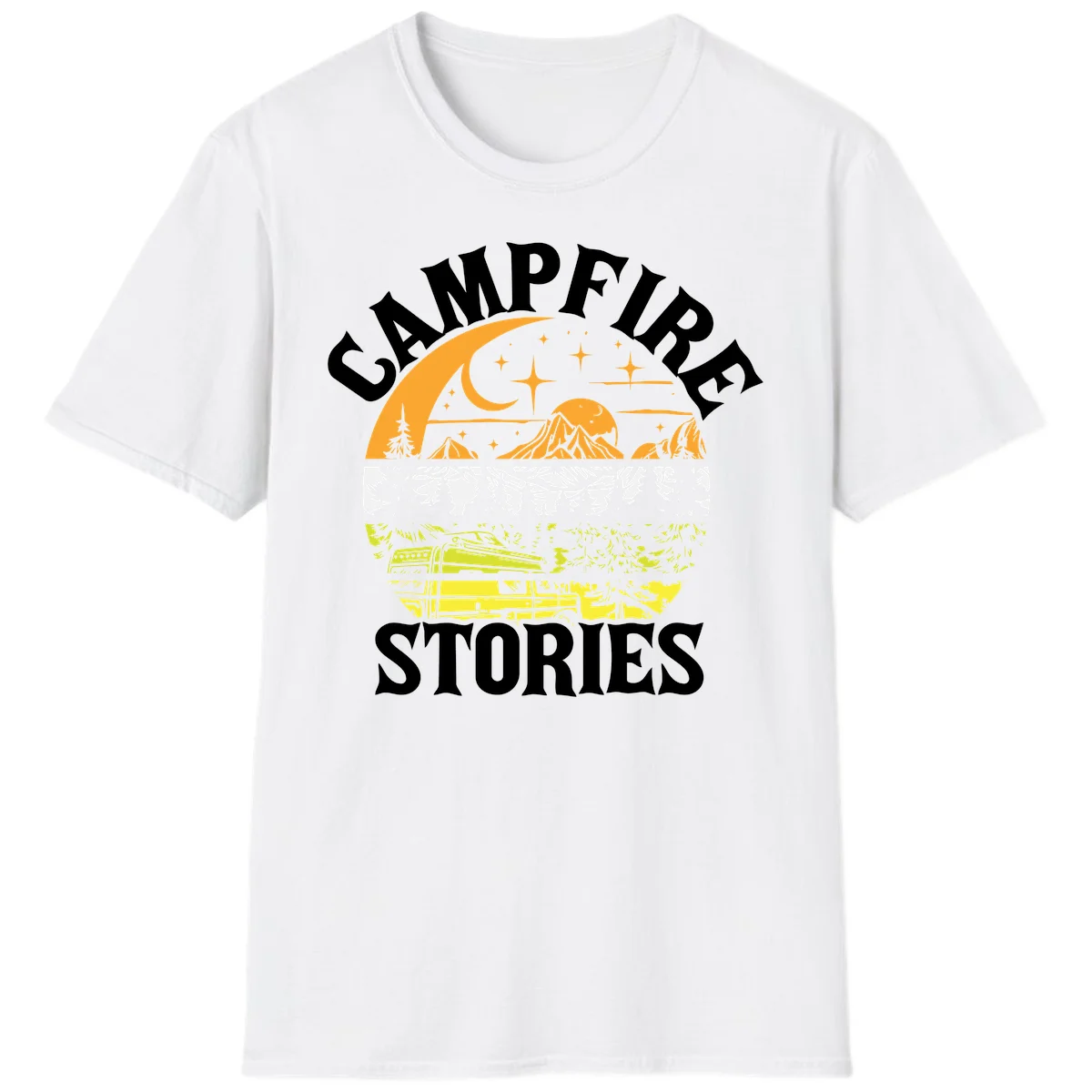 Campfire stories night design with layered mountains, forest, and starry sky with lantern and moon in White
