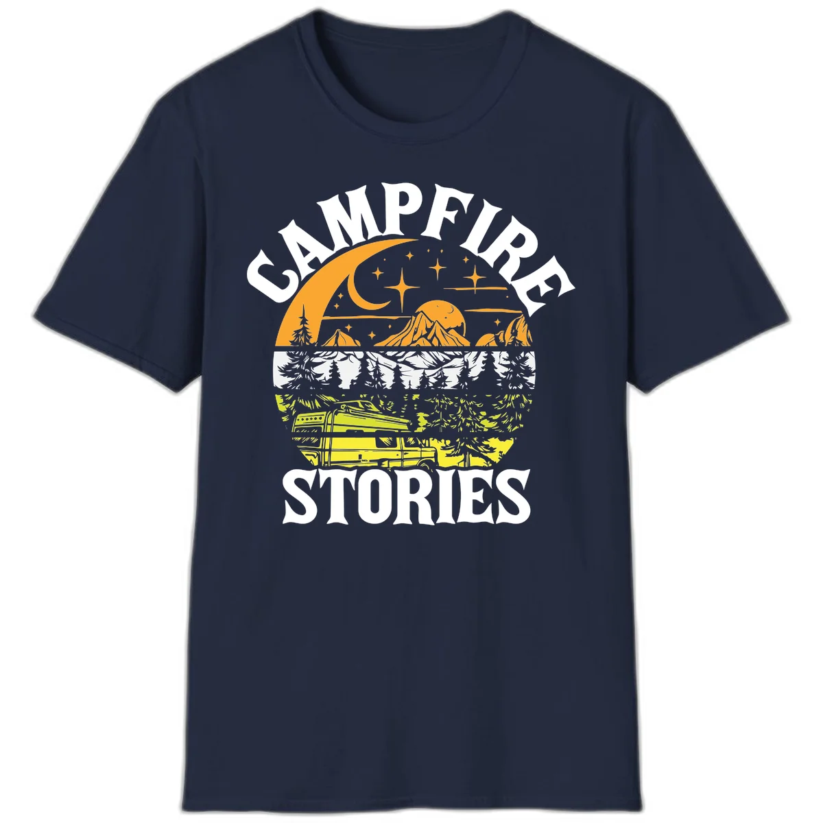 Campfire stories night design with layered mountains, forest, and starry sky with lantern and moon in Navy