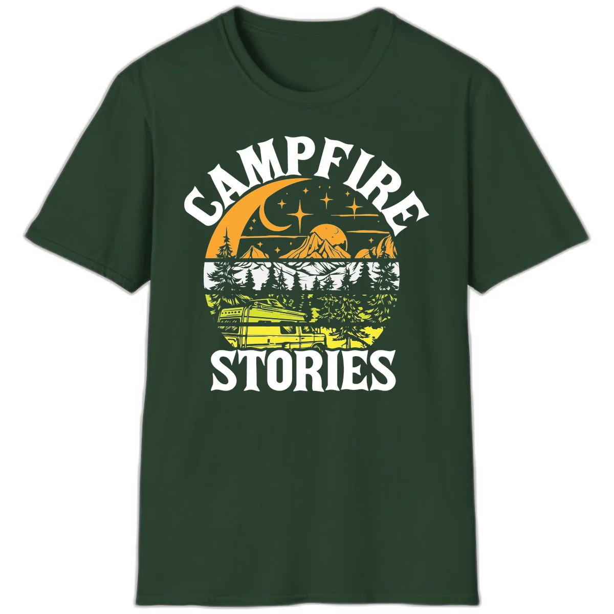 Campfire stories night design with layered mountains, forest, and starry sky with lantern and moon in Forest Green