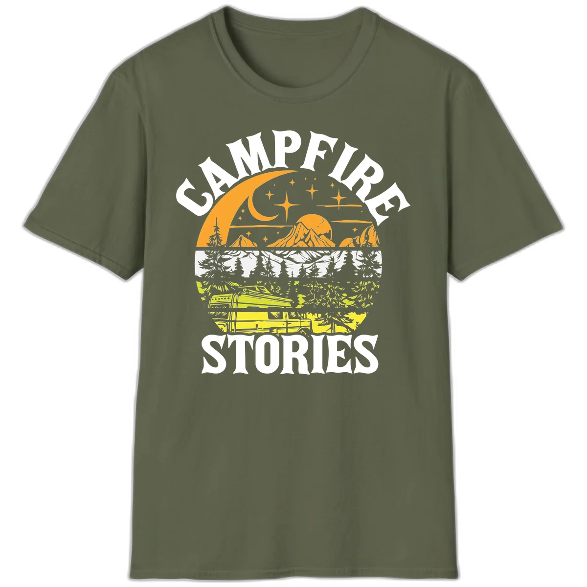Campfire stories night design with layered mountains, forest, and starry sky with lantern and moon in Military Green